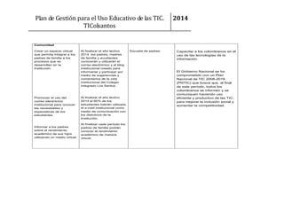 Plan de Gestión para el Uso Educativo de las TIC.
TIColsantos

2014

Comunidad
Crear un espacio virtual
que permita integrar a los
padres de familia a los
procesos que se
desarrollan en la
Institución.

Promover el uso del
correo electrónico
institucional para conocer
las necesidades y
expectativas de los
estudiantes

Informar a los padres
sobre el rendimiento
académico de sus hijos
utilizando un medio virtual.

Al finalizar el año lectivo
2014 los padres, madres
de familia y acudientes
conocerán y utilizarán el
correo electrónico y el blog
institucional creado para
informarse y participar por
medio de sugerencias y
comentarios de la vida
institucional del Colegio
Integrado Los Santos.

Al finalizar el año lectivo
2014 el 60% de los
estudiantes habrán utilizado
el e-mail institucional como
medio de comunicación con
los directivos de la
Institución.
Al finalizar cada período los
padres de familia podrán
conocer el rendimiento
académico de manera
virtual.

Escuela de padres

Capacitar a los colombianos en el
uso de las tecnologías de la
información.

El Gobierno Nacional se ha
comprometido con un Plan
Nacional de TIC 2008-2019
(PNTIC) que busca que, al final
de este período, todos los
colombianos se informen y se
comuniquen haciendo uso
eficiente y productivo de las TIC,
para mejorar la inclusión social y
aumentar la competitividad.

 