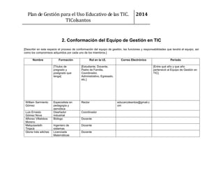 Plan de Gestión para el Uso Educativo de las TIC.
TIColsantos

2014

2. Conformación del Equipo de Gestión en TIC
[Describir en este espacio el proceso de conformación del equipo de gestión, las funciones y responsabilidades que tendrá el equipo, así
como los compromisos adquiridos por cada uno de los miembros.]
Nombre

Formación

Rol en la I.E.

[Títulos de
pregrado y
postgrado que
tenga]

William Sarmiento
Gómez
Luis Ernesto
Gómez Nova
Alfonso Villalobos
Moreno
Melquisedeth
Tinjacá
Gloria Inés wilches

[Estudiante, Docente,
Padre de Familia,
Coordinador,
Administrativo, Egresado,
etc.]

Especialista en
pedagogía y
semiótica
Diseñador
Industrial
Biólogo

Rector

Ingeniero de
sistemas
Licenciada
Matemáticas

Docente

Correo Electrónico

Coordinador
Docente

Docente

Periodo
[Entre qué año y que año
perteneció al Equipo de Gestión en
TIC]

educarcolsantos@gmail.c
om

 