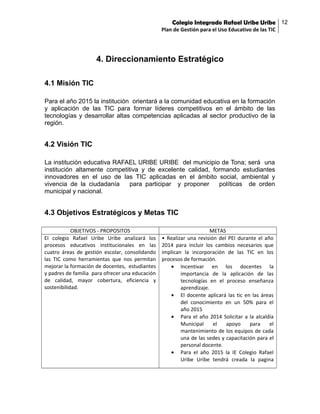Colegio Integrado Rafael Uribe Uribe 12
Plan de Gestión para el Uso Educativo de las TIC

4. Direccionamiento Estratégico
4.1 Misión TIC
Para el año 2015 la institución orientará a la comunidad educativa en la formación
y aplicación de las TIC para formar líderes competitivos en el ámbito de las
tecnologías y desarrollar altas competencias aplicadas al sector productivo de la
región.

4.2 Visión TIC
La institución educativa RAFAEL URIBE URIBE del municipio de Tona; será una
institución altamente competitiva y de excelente calidad, formando estudiantes
innovadores en el uso de las TIC aplicadas en el ámbito social, ambiental y
vivencia de la ciudadanía
para participar y proponer
políticas de orden
municipal y nacional.

4.3 Objetivos Estratégicos y Metas TIC
OBJETIVOS - PROPOSITOS
El colegio Rafael Uribe Uribe analizará los
procesos educativos institucionales en las
cuatro áreas de gestión escolar, consolidando
las TIC como herramientas que nos permitan
mejorar la formación de docentes, estudiantes
y padres de familia para ofrecer una educación
de calidad, mayor cobertura, eficiencia y
sostenibilidad.

METAS
• Realizar una revisión del PEI durante el año
2014 para incluir los cambios necesarios que
implican la incorporación de las TIC en los
procesos de formación.
• Incentivar en los docentes la
importancia de la aplicación de las
tecnologías en el proceso enseñanza
aprendizaje.
• El docente aplicará las tic en las áreas
del conocimiento en un 50% para el
año 2015
• Para el año 2014 Solicitar a la alcaldía
Municipal
el
apoyo
para
el
mantenimiento de los equipos de cada
una de las sedes y capacitación para el
personal docente.
• Para el año 2015 la IE Colegio Rafael
Uribe Uribe tendrá creada la pagina

 