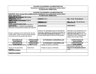 COLEGIO COLSUBSIDIO LAS MERCEDES IED
                                    “formamos ciudadanos con compromiso social y ético”
                                                PLANEACION TRIMESTRAL

                                           COLEGIO COLSUBSIDIO LAS MERCEDES IED
DOCENTE: Dario Urquijo Bermudez       “formamos ciudadanos con compromiso social y ético”
AREA: Matemáticas                                  PLANEACION TRIMESTRAL
DOCENTE: Dario Urquijo Bermudez
ASIGNATURA: Calculo
AREA: Matemáticas
GRADO:10ª                                        SEMANA N° 4                                      DEL: 14 AL 18 de febrero
ASIGNATURA: Geometría Analítica
TEMA: números racionales
GRADO:10ª
DEFINICION                                       SEMANA N° 4
                                                 DESEMPEÑO                                        DEL: 14 AL:118 de febrero
                                                                                                  PROPOSITO
TEMA: ecuación de la recta
Los conjuntos numéricos son la reunión o         .
DEFINICION
unión de ciertos números que presentas           DESEMPEÑO                                        PROPOSITO
diferentes características propias del conjunto.

                                                Generar las estrategias para los estudiantes      Estimular a los estudiantes en la
                                                interprete y aplique los números racionales en    importancia del manejo de los
El plano cartesiano es la intersección de dos
                                                la construcción de la recta numérica.
                                                Determinar las características generales de la    números a los estudiantes en la
                                                                                                  Estimularracionales.
rectas reales, sobre el cual se puede general
                                                función lineal desde el punto de vista grafico.   importancia de la interpretación
una recta al unir dos pontos del mismo.
                                                                                                  grafica de la función lineal.

     SECUENCIA DE                OPERACIONES            ACTIVIDADES A DESARROLLAR                        ESTRATEGIAS DE
      CONTENIDOS                   MENTALES                                                                 EVALUACIÓN
     SECUENCIA DE                OPERACIONES            ACTIVIDADES A DESARROLLAR                        ESTRATEGIAS DE
      CONTENIDOS
Tema numero uno de calculo         MENTALES
                               Aplicar               Trabajo en grupo e individual.                         EVALUACIÓN
                                                                                                  Representación grafica,
                                                                                                  fraccionaria y decimal del
Tema uno de geometría          Determinar            Trabajo en grupo e individual.               conjunto de números racionales.
                                                                                                  Representación grafica de la
analítica.                                                                                        recta.
OBSERVACIONES:

OBSERVACIONES:
 