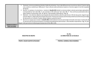 Vo. Bo.
MAESTRO DE GRUPO LA DIRECTORA DE LA ESCUELA
_______________________________ ____________________________________
PROFR. OSCAR ALBITER APOLINAR PROFRA. CARMELA REZA RAMIREZ
 Plantearé al alumnoproblemasdondese hable de préstamos.Si porcada100 pesosque se prestase cobran12 pesoscada
mes¿cuánto se cobrará por 1500 pesos?.Hacer cálculossobre préstamosmayoreso menoressegúnel nivel de respuesta
del grupo.
 Reuniré en parejas a los alumnos y resolver el desafío #19 donde los alumnos deben calcular porcentajes aplicandola
correspondencia “por cada 100, n”, por ejemplo: el 5% indica que “por cada 100, 5”. Para continuar practicando sólo se
debe cambiar el porcentaje a 6%, 7%, 8% etc. Libro desafíos matemáticos. Pág. 36.
 Mostraré a los alumnos objetos con etiquetas de precio distintoy decirles que tienen el 5% de descuento. Segúnlo que
quieranadquirir,debenaplicarleel 5%de descuento.Practicarporequiposplanteandoproblemasde diferenteporcentaje
de descuento en la libreta. Pueden dibujar objetos y ponerles precio.
 Reuniré en equipo para resolver el desafío #20, donde deberáncalcular porcentajes tomando como base el cálculo de 10
%,permitirque losalumnosbusquensuspropiosprocedimientospararesolver. Libro desafíos matemáticos. Pág. 37 y 38.
Dejaré más ejerciciosenlalibretapararesolverconel 5%, 20% ó 15%.
OBSERVACIONES Y
ADECUACIONES
 