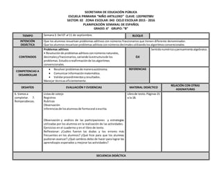 SECRETARIA DE EDUCACIÓN PÚBLICA
ESCUELA PRIMARIA “NIÑO ARTILLERO” CLAVE: 12EPR0798V
SECTOR: 02 ZONA ESCOLAR: 043 CICLO ESCOLAR 2015 - 2016
PLANIFICACIÓN SEMANAL DE ESPAÑOL
GRADO: 6° GRUPO: “B”
TIEMPO Semana3. Del 07 al 11 de septiembre. BLOQUE
INTENCIÓN
DIDÁCTICA
Que los alumnos resuelvan problemas aditivos con números fraccionarios que tienen diferente denominador.
Que losalumnosresuelvanproblemasaditivosconnúmerosdecimalesutilizandolosalgoritmosconvencionales.
CONTENIDOS
Problemas aditivos
• Resoluciónde problemasaditivosconnúmerosnaturales,
decimalesyfraccionarios,variandolaestructurade los
problemas.Estudiooreafirmaciónde losalgoritmos
convencionales.
ÉJE
Sentidonuméricoypensamientoalgebraico.
COMPETENCIAS A
DESARROLLAR
 Resolverproblemasde maneraautónoma.
 Comunicarinformaciónmatemática.
 Validarprocedimientosyresultados.
Manejar técnicaseficientemente.
REFERENCIAS
DESAFÍOS EVALUACIÓN Y EVIDENCIAS MATERIAL DIDÁCTICO
RELACIÓN CON OTRAS
ASIGNATURAS
6. Vamosa
completar. 7.
Rompecabezas.
Listasde cotejo
Registros
Rubricas
Observación
Inferenciasde losalumnosde formaoral oescrita.
Observación y análisis de las participaciones y estrategias
utilizadas por los alumnos en la realización de las actividades.
Ejercicios en el cuaderno y en el libro de texto.
Reflexionar: ¿Cuáles fueron las dudas y los errores más
frecuentes en los alumnos? ¿Qué hice para que los alumnos
pudieran avanzar? ¿Qué cambios debo de hacer para lograr los
aprendizajes esperados y mejorar las actividades?
Librode texto.Páginas15
a la 18.
SECUENCIA DIDÁCTICA
 