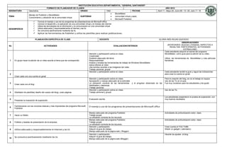 INSTITUCIÓN EDUCATIVA DEPARTAMENTAL “GENERAL SANTANDER”
                                               FORMATO DE PLANEADOR DE CLASES                                                                                             AÑO 2012
ASIGNATURA                Geometría.                                               GRADO                         1002                         FECHAS            Abril 11 ; Mayo 22; Junio 06– 13– 20; Julio 11- 18
                                                                                                                         MovieMaker
                          Manejo de Publisher y MovieMaker.
TEMA                                                                               SUBTEMAS                              comunidad virtual y lastic.
                          Conocimiento y utilización de la comunidad virtual.
                                                                                                                         Microsoft Publisher.
                               Conoce el manejo y uso de los programas de presentaciones de Microsoft office.
                               conocer el desarrollo y la aplicación de una comunidad virtual y el manejo del internet.
                               Utiliza las tecnologías de la información y la comunicación en una comunidad virtual
DESEMPEÑO/S                    Utiliza adecuada y responsablemente el internet y las tic
                               Se comunica asertivamente mediante las tic.
                                  Aplicar las herramientas de Publisher y utiliza las plantillas para realizar publicaciones.

                                 PLANEACIÓN ESPECÍFICA DE CLASE                                       DOCENTE                                                    GLORIA INÉS ROJAS QUEVEDO
                                                                                                                                                                                         OBSERVACIONES
                                                                                                                                                                         (NOVEDADES: alcances y limitantes, ASPECTOS A
No                                       ACTIVIDADES                                                                EVALUACION/CRITERIOS
                                                                                                                                                                            RESALTAR, PARTICIPANTES, ACTIVIDADES
                                                                                                                                                                                           EXTRACLASE)
                                                                                                                                                                       Cada estudiante adquirió el tutorial del programa
                                                                                          Atención y participación activa en clase.                                    MovieMaker, como guía para la edición de su video.
                                                                                          Creatividad
                                                                                          Sustento adecuado del tema.                                                  Utiliza las herramientas de MovieMaker y crea películas
1      En grupo hacer la edición de un video acorde al tema que les correspondió.         Responsabilidad.                                                             llamativas.
                                                                                          Analiza y emplea las herramientas de trabajo de Windows MovieMaker.
                                                                                          Aplica efectos al video
                                                                                          Usa sonidos acordes a las imágenes del video
                                                                                          Trabajo personal, grupal.
                                                                                          Atención y participación activa en clase.                                    Cada estudiante recibió la guía y siguió las indicaciones
2                                                                                                                                                                      para crear la cuenta en gmail.
       Crear cada uno una cuenta en gmail
                                                                                          Atención y participación activa en clase.                                    Para la creación del blog, se vio el trabajo en equipo.
                                                                                          Apropiación y manejo adecuado de la actividad.                               Uso de las Tic en el aula.
3                                                                                         La utilización correcta de las herramientas y el progreso observado en las   Fue muy novedoso para los estudiantes y les gustó.
       Crear cada uno el blog.
                                                                                          habilidades y destrezas.
                                                                                          Trabajo personal.
                                                                                          Atención y participación activa en clase                                     Uso de las Tic.
4      Diseñador de plantillas( diseño del cuerpo del blog) ,crear páginas                Trabajo personal y grupal.

                                                                                                                                                                       Los estudiantes presentaron la prueba de superación, con
5                                                                                         Evaluación escrita.                                                          muy buenos resultados.
       Presentar la evaluación de superación.

       Familiarizarse con las nociones básicas y más importantes del programa Microsoft   El manejo y uso de los programas de presentaciones de Microsoft office
6
       Publisher.

                                                                                          Manejo adecuado del programa Publisher.                                      Actividades de profundización extra- clase.
7      Hacer un folleto                                                                   Trabajo grupal.
                                                                                          La utilización correcta de los recursos.
                                                                                          Manejo adecuado del programa Publisher.                                      Actividades de profundización extra- clase.
8      Folletos y tarjetas de presentación de la empresa.                                 Trabajo grupal.
                                                                                          La utilización correcta de los recursos.
                                                                                          Atención y participación.                                                    Crear cuenta el YOU TUBE.
9      Utiliza adecuada y responsablemente el internet y las tic                          Adquirir la guía de trabajo.                                                 Añadir un gadget ( calendario)
                                                                                          Manejo adecuado de la página web ( Blogger)
                                                                                          Atención y participación.                                                    Hacerle los ajustes al blog.
       Se comunica asertivamente mediante las tic                                         Adquirir la guía de trabajo.
10                                                                                        Manejo adecuado de la página web (Blogger)
 