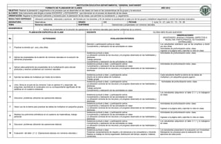 INSTITUCIÓN EDUCATIVA DEPARTAMENTAL “GENERAL SANTANDER”
                                         FORMATO DE PLANEADOR DE CLASES                                                                                                                AÑO 2012
OBJETIVO: Realizar la planeación y seguimiento a los procesos que se desarrollan en las clases con base en las características de los grupos y la estructura
ALCANCE: Este instrumento está dirigido a los/las DOCENTES y ESTUDIANTES que intervienen en el proceso de desarrollo de las clases.
ORIENTACIÓN: Registrar la información suficiente y necesaria para la planeación de las clases, que permitan su socialización y seguimiento.
RESULTADO ESPERADO              Utilización pertinente, adecuada y oportuna del formato por los docentes, a fin de realizar la socialización a cada uno de los grupos y establecer seguimiento y control del proceso evaluativo.
ASIGNATURA                      Matemáticas                                         GRADO                         606                          FECHAS                     Junio 14 – 21; Julio 12 – 13 – 19 - 26
TEMA                            Números naturales.                                  SUBTEMAS                                Operaciones y propiedades con números naturales.
DESEMPEÑO/S
                                  Aplicar las propiedades en la solución de operaciones con números naturales para resolver problemas de su entorno.
                         PLANEACIÓN ESPECÍFICA DE CLASE                               DOCENTE                                                                                 GLORIA INÉS ROJAS QUEVEDO
                                                                                                                                                                                                          OBSERVACIONES
                                                                                                                                                                                         (NOVEDADES: alcances y limitantes, ASPECTOS A
No                                        ACTIVIDADES                                                                     EVALUACION/CRITERIOS
                                                                                                                                                                                            RESALTAR, PARTICIPANTES, ACTIVIDADES
                                                                                                                                                                                                            EXTRACLASE)
                                                                                              Atención y participación activa en clase.                                               Los estudiantes solicitaron que se les enseñara a dividir
                                                                                              Cumplimiento y realización de las actividades en clase.                                 por dos cifras.
 1    Practicar la división por una y dos cifras
                                                                                                                                                                                      Actividades de profundización extra- clase.
                                                                                                                                                                                      Ingresar a la página web y ejercitar lo visto en clase
                                                                                              Asistencia puntual a clase.                                                             Actividades de profundización extra- clase.
                                                                                              La utilización correcta de los recursos y el progreso observado en las habilidades y
 2    Aplicar las propiedades de la adición de números naturales en la solución de            destrezas.
      adiciones propuestas.                                                                   Trabajo personal.
                                                                                              Cumplimiento y realización de las actividades en clase.
                                                                                              Asistencia puntual a clase y participación activa.                                      Actividades de profundización extra- clase.
                                                                                              Cumplimiento y realización de las actividades en clase.
      Aplicar adecuadamente las propiedades de la multiplicación para calcular
 3                                                                                            La utilización correcta de los recursos y el progreso observado en las habilidades y
      productos y resolver problemas con números naturales.
                                                                                              destrezas.

                                                                                              Asistencia puntual a clase y participación activa.                                      Cada estudiante diseñó la lotería de las tablas de
 4    Ejercitar las tablas de multiplicar por medio de la lotería.                            Diseño de la lotería tablas de multiplicar.                                             multiplicar y en pequeños grupos jugaron.
                                                                                              Trabajo grupal
                                                                                              Asistencia puntual a clase y participación activa.                                       Actividades de profundización extra- clase.
                                                                                              La utilización correcta de los recursos y el progreso observado en las habilidades y
      Libro: Alicia en el país de los números “Leer el capítulo IV y responder las
 5                                                                                            destrezas.
      preguntas, escribiendo el vocabulario con su correspondiente significado de las
                                                                                              Trabajo personal.
      palabras en el cuaderno artesanal.
                                                                                              Cumplimiento y realización de las actividades en clase.
                                                                                                                                                                                      Los estudiantes adquirieron el taller 2.1.1 y lo trabajaron
                                                                                              Asistencia puntual a clase y participación activa.                                      en clase.
 6                                                                                            Cumplimiento y realización de las actividades en clase.
      Soluciona problemas utilizando las operaciones básicas
                                                                                              La utilización correcta de los recursos y el progreso observado en las habilidades y
                                                                                              destrezas.
                                                                                              Asistencia puntual a clase y participación activa.                                      Actividades de profundización extra- clase.
                                                                                              Cumplimiento y realización de las actividades en clase.
 7    Hacer uso de la lotería para practicar las tablas de multiplicar en pequeños grupos.
                                                                                              La utilización correcta de los recursos y el progreso observado en las habilidades y    Ingresar a la página web y ejercitar lo visto en clase.
                                                                                              destrezas.
                                                                                              Asistencia puntual a clase y participación activa.                                      Actividades de profundización extra- clase.
      Realizar los polinomios aritméticos en el cuaderno de matemáticas, trabajo              Cumplimiento y realización de las actividades en clase.
 8
      personal.                                                                               La utilización correcta de los recursos y el progreso observado en las habilidades y    Ingresar a la página web y ejercitar lo visto en clase.
                                                                                              destrezas.
                                                                                              Asistencia puntual a clase y participación activa.                                      Los estudiantes adquirieron el taller 2.1.1 y lo trabajaron
                                                                                              Cumplimiento y realización de las actividades en clase.                                 en clase.
 9    Soluciona problemas utilizando las operaciones básicas
                                                                                              La utilización correcta de los recursos y el progreso observado en las habilidades y
                                                                                              destrezas.
                                                                                              Asistencia puntual a clase.                                                             Los estudiantes presentaron la evaluación con honestidad.
                                                                                              Presentar comportamiento de respeto y de tolerancia a los compañeros y Docente.         Manejando los procesos para la realización de los
10    Evaluación del taller 2.1.2 (Operaciones básicas con números naturales.)
                                                                                              Realiza su trabajo en forma organizada: distribución del tiempo, espacio, material,     ejercicios de cada punto.
                                                                                              contenidos.
 