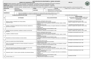 INSTITUCIÓN EDUCATIVA DEPARTAMENTAL “GENERAL SANTANDER”
                                         FORMATO DE PLANEADOR DE CLASES                                                                                                                  AÑO 2012
OBJETIVO: Realizar la planeación y seguimiento a los procesos que se desarrollan en las clases con base en las características de los grupos y la estructura
ALCANCE: Este instrumento está dirigido a los/las DOCENTES y ESTUDIANTES que intervienen en el proceso de desarrollo de las clases.
ORIENTACIÓN: Registrar la información suficiente y necesaria para la planeación de las clases, que permitan su socialización y seguimiento.
RESULTADO ESPERADO                Utilización pertinente, adecuada y oportuna del formato por los docentes, a fin de realizar la socialización a cada uno de los grupos y establecer seguimiento y control del proceso evaluativo.
ASIGNATURA                        Matemáticas                                          GRADO                        701                         FECHAS                          Mayo 16– 28– 31; Junio 07– 21; Julio 09 – 12 – 16- 19
                                  Números Enteros.                                                                            Operaciones con números enteros.
TEMA                                                                                   SUBTEMAS
                                  Números Racionales.                                                                         Operaciones con Racionales
DESEMPEÑO/S                           Aplicar las propiedades en la solución de operaciones con números enteros para resolver problemas de su entorno.
                                      Aplicar las propiedades en la solución de operaciones con racionales para resolver problemas de su entorno
                          PLANEACIÓN ESPECÍFICA DE CLASE                                 DOCENTE                                                                                GLORIA INÉS ROJAS QUEVEDO
                                                                                                                                                                                                       OBSERVACIONES
                                                                                                                                                                                           (NOVEDADES: alcances y limitantes, ASPECTOS A
No                                         ACTIVIDADES                                                                      EVALUACION/CRITERIOS
                                                                                                                                                                                             RESALTAR, PARTICIPANTES, ACTIVIDADES
                                                                                                                                                                                                          EXTRACLASE)

                                                                                                Atención y participación activa en clase.                                               Actividades de profundización extra- clase.
       Reforzar la adición y sustracción con números enteros.
 1                                                                                              Actividades de refuerzo tanto individual como grupal.                                   Ingresar a la página web y ejercitar lo visto en clase
       Desarrollar la guía.
                                                                                                Realiza su trabajo en forma organizada: distribución del tiempo, espacio, material,
                                                                                                contenidos.
                                                                                                Asistencia puntual a clase.                                                               Actividades de profundización extra- clase.
       Identificar y representar de diferentes formas las fracciones, realizando los            La utilización correcta de los recursos y el progreso observado en las habilidades y    Ingresar a la página web y ejercitar lo visto en clase.
 2     ejercicios en el cuaderno.                                                               destrezas.
                                                                                                Trabajo personal.
                                                                                                Cumplimiento y realización de las actividades en clase.
                                                                                                Asistencia puntual a clase.                                                             Actividades de profundización extra- clase.
 3     Identificar fracciones equivalentes y establecer la relación de orden entre              Cumplimiento y realización de las actividades en clase.                                 Ingresar a la página web y ejercitar lo visto en clase.
       fracciones.
                                                                                                Atención y participación activa en clase.                                               Actividades de profundización extra- clase.
                                                                                                Actividades de refuerzo tanto individual como grupal.
 4     .Amplificar y simplificar fracciones.
                                                                                                Realiza su trabajo en forma organizada: distribución del tiempo, espacio, material,
                                                                                                contenidos.
                                                                                                Asistencia puntual a clase.                                                             Actividades de profundización extra- clase.
                                                                                                Cumplimiento y realización de las actividades en clase.
 5
       Representar los números racionales en la recta numérica.                                 La utilización correcta de los recursos y el progreso observado en las habilidades y
                                                                                                destrezas.
                                                                                                                                                                                        Actividades de profundización extra- clase.
 6                                                                                              Participación activa en clase.
       Orden en el conjunto de los números Racionales.
                                                                                                Trabajo personal (la realización de la actividad.)
                                                                                                Asistencia puntual en clase.                                                            Actividades de profundización extra- clase.
       Aplicar las propiedades de la adición de números naturales en la solución de             Presentar comportamiento de respeto y de tolerancia a los compañeros y Docente.
 7
       adiciones propuestas.                                                                    Cumplimiento y realización de las actividades en clase.

                                                                                                Atención y participación activa en clase.                                               Actividades de profundización extra- clase.
                                                                                                Actividades de refuerzo tanto individual como grupal.
 8     Aplicar adecuadamente las propiedades de la multiplicación para calcular
                                                                                                Realiza su trabajo en forma organizada: distribución del tiempo, espacio, material,
       productos y resolver problemas con números naturales.
                                                                                                contenidos.
                                                                                                Atención y participación activa en clase.                                               Actividades de profundización extra- clase.
                                                                                                Asistencia puntual a clase.
                                                                                                La utilización correcta de los recursos y el progreso observado en las habilidades y
 9     Desarrollar el taller 2.1.2 sobre números racionales y las operaciones básicas.
                                                                                                destrezas.
                                                                                                Trabajo personal.
                                                                                                Cumplimiento y realización de las actividades en clase.
                                                                                                Participación activa en clase.                                                          Socialización del taller.
10     Terminar el taller 2.1.2                                                                 Trabajo personal (la realización de la actividad.)
 