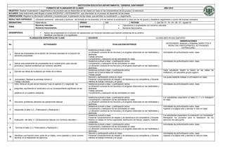 INSTITUCIÓN EDUCATIVA DEPARTAMENTAL “GENERAL SANTANDER”
                                         FORMATO DE PLANEADOR DE CLASES                                                                                                                 AÑO 2012
OBJETIVO: Realizar la planeación y seguimiento a los procesos que se desarrollan en las clases con base en las características de los grupos y la estructura
ALCANCE: Este instrumento está dirigido a los/las DOCENTES y ESTUDIANTES que intervienen en el proceso de desarrollo de las clases.
ORIENTACIÓN: Registrar la información suficiente y necesaria para la planeación de las clases, que permitan su socialización y seguimiento.
RESULTADO ESPERADO               Utilización pertinente, adecuada y oportuna del formato por los docentes, a fin de realizar la socialización a cada uno de los grupos y establecer seguimiento y control del proceso evaluativo.
ASIGNATURA                       Matemáticas                                          GRADO                        605                         FECHAS                      Julio 09-13– 16– 23– 26– 27.; Agosto 03
                                 Números naturales.                                                                                    Operaciones y propiedades con números naturales.
TEMA                                                                                  SUBTEMAS
                                 Números fraccionarios.                                                                                Números fraccionarios.

DESEMPEÑO/S                        Aplicar las propiedades en la solución de operaciones con números naturales para resolver problemas de su entorno.
                                   Identificar una fracción y su significado.
                          PLANEACIÓN ESPECÍFICA DE CLASE                               DOCENTE                                                                                 GLORIA INÉS ROJAS QUEVEDO
                                                                                                                                                                                                      OBSERVACIONES
                                                                                                                                                                                          (NOVEDADES: alcances y limitantes, ASPECTOS A
No                                         ACTIVIDADES                                                                     EVALUACION/CRITERIOS
                                                                                                                                                                                            RESALTAR, PARTICIPANTES, ACTIVIDADES
                                                                                                                                                                                                         EXTRACLASE)
                                                                                               Asistencia puntual a clase.
                                                                                               La utilización correcta de los recursos y el progreso observado en las habilidades y    Actividades de profundización extra- clase.
       Aplicar las propiedades de la adición de números naturales en la solución de
 1                                                                                             destrezas.
       adiciones propuestas.
                                                                                               Trabajo personal.
                                                                                               Cumplimiento y realización de las actividades en clase.
                                                                                               Asistencia puntual a clase y participación activa.                                      Actividades de profundización extra- clase.
       Aplicar adecuadamente las propiedades de la multiplicación para calcular                Cumplimiento y realización de las actividades en clase.
 2
       productos y resolver problemas con números naturales.                                   La utilización correcta de los recursos y el progreso observado en las habilidades y
                                                                                               destrezas.
                                                                                               Asistencia puntual a clase y participación activa.                                      Cada estudiante diseñó la lotería de las tablas de
       Ejercitar las tablas de multiplicar por medio de la lotería.
 3                                                                                             Diseño de la lotería tablas de multiplicar.                                             multiplicar y en pequeños grupos jugaron.
                                                                                               Trabajo grupal
                                                                                               Atención y participación activa en clase.                                               Les gusta bastante trabajar el animaplano en clase.
 4     .Animaplano; Realizar la actividad número 2.                                            Presentar comportamiento de respeto y de tolerancia a los compañeros y Docente
       Trabajo individual.                                                                     Hábitos de trabajo individual y en grupo.
       Libro: Alicia en el país de los números “Leer el capítulo IV y responder las            Asistencia puntual a clase y participación activa.                                      Actividades de profundización extra- clase.
                                                                                               La utilización correcta de los recursos y el progreso observado en las habilidades y
       preguntas, escribiendo el vocabulario con su correspondiente significado de las         destrezas.
 5
                                                                                               Trabajo personal.
       palabras en el cuaderno artesanal.                                                      Cumplimiento y realización de las actividades en clase.

                                                                                               Asistencia puntual a clase y participación activa.                                      Los estudiantes adquirieron el taller 2.1.1 y lo trabajaron
                                                                                               Cumplimiento y realización de las actividades en clase.                                 en clase.
 6
       Soluciona problemas utilizando las operaciones básicas                                  La utilización correcta de los recursos y el progreso observado en las habilidades y
                                                                                               destrezas.
                                                                                               Asistencia puntual a clase y participación activa.                                      Actividades de profundización extra- clase.
                                                                                               Cumplimiento y realización de las actividades en clase.                                 Ingresar a la página web y ejercitar lo visto en clase
 7     Desarrollar el taller 2.2 ( Potenciación y Radicación )
                                                                                               La utilización correcta de los recursos y el progreso observado en las habilidades y
                                                                                               destrezas.
                                                                                               Asistencia puntual a clase.                                                             Los estudiantes presentaron la evaluación con honestidad.
                                                                                               Presentar comportamiento de respeto y de tolerancia a los compañeros y Docente.         Manejando los procesos para la realización de los
 8
       Evaluación del taller 2.1.2(Operaciones básicas con números naturales.)                 Realiza su trabajo en forma organizada: distribución del tiempo, espacio, material,     ejercicios de cada punto.
                                                                                               contenidos.
                                                                                               Asistencia puntual a clase y participación activa.                                      Actividades de profundización extra- clase.
                                                                                               Cumplimiento y realización de las actividades en clase.
 9     Terminar el taller 2.2 ( Potenciación y Radicación )
                                                                                               La utilización correcta de los recursos y el progreso observado en las habilidades y
                                                                                               destrezas.
                                                                                               Atención y participación activa en clase.                                               Actividades de profundización extra- clase.
       Identificar una fracción como: parte de un objeto, como operador y como número          Presentar comportamiento de respeto y de tolerancia a los compañeros y Docente          Ingresar a la página web y ejercitar lo visto en clase.
10
       decimal; en la realización de ejercicios.                                               Hábitos de trabajo individual y en grupo.
 