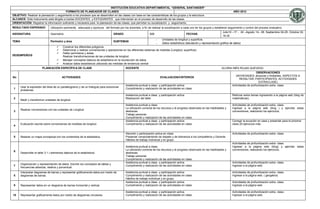 INSTITUCIÓN EDUCATIVA DEPARTAMENTAL “GENERAL SANTANDER”
                                         FORMATO DE PLANEADOR DE CLASES                                                                                                                AÑO 2012
OBJETIVO: Realizar la planeación y seguimiento a los procesos que se desarrollan en las clases con base en las características de los grupos y la estructura
ALCANCE: Este instrumento está dirigido a los/las DOCENTES y ESTUDIANTES que intervienen en el proceso de desarrollo de las clases.
ORIENTACIÓN: Registrar la información suficiente y necesaria para la planeación de las clases, que permitan su socialización y seguimiento.
RESULTADO ESPERADO              Utilización pertinente, adecuada y oportuna del formato por los docentes, a fin de realizar la socialización a cada uno de los grupos y establecer seguimiento y control del proceso evaluativo.
                                                                                                                                                                               Julio10 –17 - 24 –Agosto 14– 28; Septiembre 04-25; Octubre 02,
ASIGNATURA                      Geometría                                           GRADO                         606                              FECHAS
                                                                                                                                                                               16-30
                                                                                                                        -    Unidades de longitud y superficie.
TEMA                            Perímetro y área                                    SUBTEMAS
                                                                                                                        -    Datos estadísticos (tabulación y representación gráfica de datos)
                                          Construir los diferentes polígonos.
                                          Determinar y realizar conversiones y operaciones en los diferentes sistemas de medidas (Longitud, superficie)
                                          Hallar perímetros y áreas.
DESEMPEÑO/S                                Realizar transformaciones de las unidades de longitud.
                                          Manejar conceptos básicos de estadística en la recolección de datos
                                          Analizar datos estadísticos utilizando las medidas de tendencia central
                         PLANEACIÓN ESPECÍFICA DE CLASE                                       DOCENTE                                                                         GLORIA INÉS ROJAS QUEVEDO
                                                                                                                                                                                                          OBSERVACIONES
                                                                                                                                                                                          (NOVEDADES: alcances y limitantes, ASPECTOS A
No                                        ACTIVIDADES                                                                       EVALUACION/CRITERIOS
                                                                                                                                                                                             RESALTAR, PARTICIPANTES, ACTIVIDADES
                                                                                                                                                                                                            EXTRACLASE)
                                                                                              Asistencia puntual a clase y participación activa.                                       Actividades de profundización extra- clase.
       Usar la expresión del área de un paralelogramo y de un triángulo para solucionar
 1                                                                                            Cumplimiento y realización de las actividades en clase.
       problemas.
                                                                                              Asistencia puntual a clase y participación activa.                                       Reforzar estos temas ingresando a la página web (blog de
 2                                                                                            Realización del taller.                                                                  matemáticas).
       Medir y transformar unidades de longitud.
                                                                                              Asistencia puntual a clase.                                                              Actividades de profundización extra- clase.
                                                                                              La utilización correcta de los recursos y el progreso observado en las habilidades y     Ingresar a la página web (blog ) y ejercitar estas
       Realizar conversiones con las unidades de Longitud.
 3                                                                                            destrezas.                                                                               conversiones, realizando los ejercicios.
                                                                                              Trabajo personal.
                                                                                              Cumplimiento y realización de las actividades en clase.
                                                                                              Asistencia puntual a clase y participación activa.                                       Corregir la ecuación en casa y presentar para la próxima
       Evaluación escrita sobre conversiones de medidas de longitud.                          Cumplimiento y realización de las actividades en clase.                                  clase 20 ejercicios más.
 4

                                                                                              Atención y participación activa en clase.                                                Actividades de profundización extra- clase.
 5     Realizar un mapa conceptual con los contenidos de la estadística.                      Presentar comportamiento de respeto y de tolerancia a los compañeros y Docente
                                                                                              Hábitos de trabajo individual y en grupo.
                                                                                                                                                                                       Actividades de profundización extra- clase.
                                                                                              Asistencia puntual a clase.                                                              Ingresar a la página web (blog) y ejercitar estas
                                                                                              La utilización correcta de los recursos y el progreso observado en las habilidades y     conversiones, realizando los ejercicios.
 6
       Desarrollar el taller 3.1 ( elementos básicos de la estadística)                       destrezas.
                                                                                              Trabajo personal.
                                                                                              Cumplimiento y realización de las actividades en clase.
                                                                                              Asistencia puntual a clase y participación activa.                                       Actividades de profundización extra- clase.
       Organización y representación de datos: Escribir los conceptos de tablas y
 7                                                                                            Cumplimiento y realización de las actividades en clase.                                  Ingresar a la página web.
       frecuencias absoluta, relativa y porcentual.
       Interpretar diagramas de barras y representar gráficamente datos por medio de          Asistencia puntual a clase y participación activa.                                       Actividades de profundización extra- clase.
 8     diagramas de barras.                                                                   Cumplimiento y realización de las actividades en clase.                                  Ingresar a la página web. ( geogebra)
                                                                                              Hábitos de trabajo individual y en grupo.
                                                                                              Asistencia puntual a clase y participación activa.                                       Actividades de profundización extra- clase.
 9     Representar datos en un diagrama de barras horizontal y vertical.                      Cumplimiento y realización de las actividades en clase.                                  Ingresar a la página web.

                                                                                              Asistencia puntual a clase y participación activa.                                       Actividades de profundización extra- clase.
10     Representar gráficamente datos por medio de diagramas circulares.                      Cumplimiento y realización de las actividades en clase.                                  Ingresar a la página web.
 