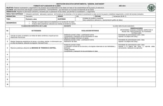 INSTITUCIÓN EDUCATIVA DEPARTAMENTAL “GENERAL SANTANDER”
                                         FORMATO DE PLANEADOR DE CLASES                                                                                                               AÑO 2012
OBJETIVO: Realizar la planeación y seguimiento a los procesos que se desarrollan en las clases con base en las características de los grupos y la estructura
ALCANCE: Este instrumento está dirigido a los/las DOCENTES y ESTUDIANTES que intervienen en el proceso de desarrollo de las clases.
ORIENTACIÓN: Registrar la información suficiente y necesaria para la planeación de las clases, que permitan su socialización y seguimiento.
RESULTADO ESPERADO             Utilización pertinente, adecuada y oportuna del formato por los docentes, a fin de realizar la socialización a cada uno de los grupos y establecer seguimiento y control del proceso evaluativo.
ASIGNATURA                     Geometría                                           GRADO                           606                            FECHAS                        Noviembre 06-09-13
                                                                                                                         -    Unidades de longitud y superficie.
TEMA                           Perímetro y área                                    SUBTEMAS
                                                                                                                         -    Datos estadísticos (tabulación y representación gráfica de datos)
                                        Manejar conceptos básicos de estadística en la recolección de datos
DESEMPEÑO/S
                                        Analizar datos estadísticos utilizando las medidas de tendencia central
                        PLANEACIÓN ESPECÍFICA DE CLASE                                       DOCENTE                                                                         GLORIA INÉS ROJAS QUEVEDO
                                                                                                                                                                                                         OBSERVACIONES
                                                                                                                                                                                        (NOVEDADES: alcances y limitantes, ASPECTOS A
No                                       ACTIVIDADES                                                                         EVALUACION/CRITERIOS
                                                                                                                                                                                           RESALTAR, PARTICIPANTES, ACTIVIDADES
                                                                                                                                                                                                           EXTRACLASE)
                                                                                             Asistencia puntual a clase y participación activa.                                      Actividades de profundización extra- clase.
       Calcular la moda, la mediana y la media de datos numéricos, al igual que sus
 1                                                                                           Cumplimiento y realización de las actividades en clase.                                 Ingresar a la página web (blog )
       respectivas frecuencias.
                                                                                             Hábitos de trabajo individual y en grupo.
                                                                                             Asistencia puntual a clase y participación activa.                                      Actividades de profundización extra- clase.
 2     Realizar diagramas estadísticos de barras y circulares; analizar la información que   Realización del taller.                                                                 Ingresar a la página web (blog )
       en ellos se presenta, utilizando el programa Microsoft Excel.
                                                                                             Asistencia puntual a clase.                                                             Actividades de profundización extra- clase.
                                                                                             La utilización correcta de los recursos y el progreso observado en las habilidades y    Ingresar a la página web (blog ) y ejercitar estas
 3     Resolver problemas utilizando las MEDIDAS DE TENDENCIA CENTRAL.                       destrezas.                                                                              conversiones, realizando los ejercicios.
                                                                                             Trabajo personal.
                                                                                             Cumplimiento y realización de las actividades en clase.

 4


 5


 6


 7


 8


 9


10
 