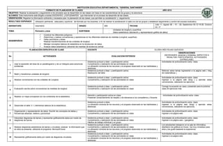 INSTITUCIÓN EDUCATIVA DEPARTAMENTAL “GENERAL SANTANDER”
                                         FORMATO DE PLANEADOR DE CLASES                                                                                                                AÑO 2012
OBJETIVO: Realizar la planeación y seguimiento a los procesos que se desarrollan en las clases con base en las características de los grupos y la estructura
ALCANCE: Este instrumento está dirigido a los/las DOCENTES y ESTUDIANTES que intervienen en el proceso de desarrollo de las clases.
ORIENTACIÓN: Registrar la información suficiente y necesaria para la planeación de las clases, que permitan su socialización y seguimiento.
RESULTADO ESPERADO              Utilización pertinente, adecuada y oportuna del formato por los docentes, a fin de realizar la socialización a cada uno de los grupos y establecer seguimiento y control del proceso evaluativo.
                                                                                                                                                                               Julio 11; Agosto 08 – 15 – 29; Septiembre 05-12-19-26; Octubre
ASIGNATURA                      Geometría                                           GRADO                         605                           FECHAS
                                                                                                                                                                               03, 17
                                                                                                                        -    Unidades de longitud y superficie.
TEMA                            Perímetro y área                                    SUBTEMAS
                                                                                                                        -    Datos estadísticos (tabulación y representación gráfica de datos)
                                          Construir los diferentes polígonos.
                                          Determinar y realizar conversiones y operaciones en los diferentes sistemas de medidas (Longitud, superficie)
                                          Hallar perímetros y áreas.
DESEMPEÑO/S                                Realizar transformaciones de las unidades de longitud.
                                          Manejar conceptos básicos de estadística en la recolección de datos
                                          Analizar datos estadísticos utilizando las medidas de tendencia central
                         PLANEACIÓN ESPECÍFICA DE CLASE                                       DOCENTE                                                                         GLORIA INÉS ROJAS QUEVEDO
                                                                                                                                                                                                          OBSERVACIONES
                                                                                                                                                                                          (NOVEDADES: alcances y limitantes, ASPECTOS A
No                                        ACTIVIDADES                                                                       EVALUACION/CRITERIOS
                                                                                                                                                                                             RESALTAR, PARTICIPANTES, ACTIVIDADES
                                                                                                                                                                                                            EXTRACLASE)
                                                                                              Asistencia puntual a clase y participación activa.                                       Actividades de profundización extra- clase.
       Usar la expresión del área de un paralelogramo y de un triángulo para solucionar       Cumplimiento y realización de las actividades en clase.
 1
       problemas.                                                                             La utilización correcta de los recursos y el progreso observado en las habilidades y
                                                                                              destrezas.
                                                                                              Asistencia puntual a clase y participación activa.                                       Reforzar estos temas ingresando a la página web ( blog
 2                                                                                            Realización del taller.                                                                  de matemáticas ).
       Medir y transformar unidades de longitud.
                                                                                              Asistencia puntual a clase y participación activa.                                       Actividades de profundización extra- clase.
       Realizar conversiones con las unidades de Longitud.                                    Cumplimiento y realización de las actividades en clase.                                  Ingresar a la página web (blog ) y ejercitar estas
 3
                                                                                                                                                                                       conversiones, realizando los ejercicios.

                                                                                              Asistencia puntual a clase y participación activa.                                       Corregir la ecuación en casa y presentar para la próxima
       Evaluación escrita sobre conversiones de medidas de longitud.                          Cumplimiento y realización de las actividades en clase.                                  clase 20 ejercicios más.
 4

                                                                                              Atención y participación activa en clase.                                                 Actividades de profundización extra- clase.
       Realizar un mapa conceptual con los contenidos de la estadística.
 5                                                                                            Presentar comportamiento de respeto y de tolerancia a los compañeros y Docente

                                                                                              Asistencia puntual a clase.                                                              Actividades de profundización extra- clase.
                                                                                              La utilización correcta de los recursos y el progreso observado en las habilidades y     Ingresar a la página web (blog) y ejercitar estas
 6     Desarrollar el taller 3.1 ( elementos básicos de la estadística)
                                                                                              destrezas.                                                                               conversiones, realizando los ejercicios.

       Organización y representación de datos: Escribir los conceptos de tablas y             Asistencia puntual a clase y participación activa.                                       Actividades de profundización extra- clase.
 7     frecuencias absoluta, relativa y porcentual.                                           Cumplimiento y realización de las actividades en clase.                                  Ingresar a la página web.

       Interpretar diagramas de barras y representar gráficamente datos por medio de          Asistencia puntual a clase y participación activa.                                       Actividades de profundización extra- clase.
 8     diagramas de barras.                                                                   Cumplimiento y realización de las actividades en clase.                                  Ingresar a la página web. ( geogebra)
                                                                                              Hábitos de trabajo individual y en grupo.
                                                                                              Asistencia puntual a clase y participación activa.                                       Los estudiantes trabajaron en la sala de informática,
       Realizar diagramas estadísticos de barras y circulares; analizar la información que    Cumplimiento y realización de las actividades en clase.                                  diseñaron los gráficos en Excel, fue muy novedoso para
 9
       en ellos se presenta, utilizando el programa Microsoft Excel.                          La utilización correcta de los recursos y el progreso observado en las habilidades y     ellos y les gustó bastante la experiencia.
                                                                                              destrezas.
                                                                                              Asistencia puntual a clase y participación activa.                                       Actividades de profundización extra- clase.
                                                                                              Cumplimiento y realización de las actividades en clase.                                  Ingresar a la página web.
10     Representar gráficamente datos por medio de diagramas circulares.
                                                                                              La utilización correcta de los recursos y el progreso observado en las habilidades y
                                                                                              destrezas.
 