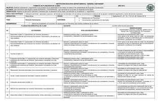 INSTITUCIÓN EDUCATIVA DEPARTAMENTAL “GENERAL SANTANDER”
                                         FORMATO DE PLANEADOR DE CLASES                                                                                                                AÑO 2012
OBJETIVO: Realizar la planeación y seguimiento a los procesos que se desarrollan en las clases con base en las características de los grupos y la estructura
ALCANCE: Este instrumento está dirigido a los/las DOCENTES y ESTUDIANTES que intervienen en el proceso de desarrollo de las clases.
ORIENTACIÓN: Registrar la información suficiente y necesaria para la planeación de las clases, que permitan su socialización y seguimiento.
RESULTADO ESPERADO              Utilización pertinente, adecuada y oportuna del formato por los docentes, a fin de realizar la socialización a cada uno de los grupos y establecer seguimiento y control del proceso evaluativo.
ASIGNATURA                      Matemáticas                                         GRADO                         605                         FECHAS                          Septiembre 03 –07– 10– 17-21-25 -28; Octubre 05-19
                                                                                                                            Operaciones con Fracciones
TEMA                            Números fraccionarios                               SUBTEMAS                                Conversiones y operaciones con decimales.

DESEMPEÑO/S                               Aplicar las propiedades en la solución de operaciones con fracciones para resolver problemas de su entorno
                         PLANEACIÓN ESPECÍFICA DE CLASE                                       DOCENTE                                                                         GLORIA INÉS ROJAS QUEVEDO
                                                                                                                                                                                                          OBSERVACIONES
                                                                                                                                                                                         (NOVEDADES: alcances y limitantes, ASPECTOS A
No                                        ACTIVIDADES                                                                     EVALUACION/CRITERIOS
                                                                                                                                                                                             RESALTAR, PARTICIPANTES, ACTIVIDADES
                                                                                                                                                                                                            EXTRACLASE)
       Desarrollar el taller 3.1 (operaciones con números racionales y                        Asistencia puntual a clase y participación activa.                                      Actividades de profundización extra- clase.
       Solucionarproblemas que involucran los números fraccionarios y los aplican a la        Cumplimiento y realización de las actividades en clase.                                 Como apoyo a los temas vistos en clase, los estudiantes
 1                                                                                                                                                                                    ingresarán al blog de matemáticas para la profundización,
       vida cotidiana)
                                                                                                                                                                                      ejercitación y ampliación de conceptos.
       Desarrollar el taller 3.1 (operaciones con números racionales y                        Atención y participación activa en clase.                                               Como apoyo a los temas vistos en clase, los estudiantes
       Solucionarproblemas que involucran los números fraccionarios y los aplican a la        Presentar comportamiento de respeto y de tolerancia a los compañeros y Docente          ingresarán al blog de matemáticas para la profundización,
 2     vida cotidiana)                                                                        Hábitos de trabajo individual y en grupo.                                               ejercitación y ampliación de conceptos.



                                                                                              Atención y participación activa en clase.                                               Durante el desarrollo del taller se observó responsabilidad
                                                                                              Presentar comportamiento de respeto y de tolerancia a los compañeros y Docente.         y motivación por parte de los estudiantes.
 3     Terminar el taller 3.1                                                                 Cumplimiento de la actividad.                                                           Actividades de profundización extra- clase.
                                                                                                                                                                                      Ingresar a la página web y ejercitar lo visto en clase.
                                                                                                                                                                                      Actividades de profundización extra- clase.
       Evaluación escrita taller 3.1 (operaciones con números racionales y Solucionar         Asistencia puntual a clase y participación activa.                                      Actividades de profundización extra-clase.
 4     problemas que involucran los números fraccionarios y los aplican a la vida             Cumplimiento y realización de las actividades en clase.
       cotidiana)
       Evaluación escrita taller 3.1 (operaciones con números racionales y Solucionar         Atención y participación activa en clase.                                                 Actividades de profundización extra- clase.
 5     problemas que involucran los números fraccionarios y los aplican a la vida             Presentar comportamiento de respeto y de tolerancia a los compañeros y Docente.         Ingresar a la página web (blog de matemáticas).
       cotidiana)                                                                             Cumplimiento de la actividad.
                                                                                              Atención y participación activa en clase.                                               Actividades de profundización extra- clase.
 6     Representar fracciones decimales como expresiones decimales y viceversa.               Presentar comportamiento de respeto y de tolerancia a los compañeros y Docente.         Ingresar a la página web (blog de matemáticas).
                                                                                              Cumplimiento de las actividades.
                                                                                              Asistencia puntual a clase y participación activa.                                      Actividades de profundización extra- clase.
                                                                                              Cumplimiento y realización de las actividades en clase.                                 Realizar el taller 3.2 en casa, teniendo en cuenta las
 7     Sumar y restar expresiones decimales y resolver problemas.
                                                                                              La utilización correcta de los recursos y el progreso observado en las habilidades y    explicaciones dadas en clase.
                                                                                              destrezas.
                                                                                              Atención y participación activa en clase.                                               Actividades de profundización extra- clase.
                                                                                              Presentar comportamiento de respeto y de tolerancia a los compañeros y Docente          Realizar las actividades del animaplano, numerales 10, 11
 8     Evaluación escrita sobre el taller 3.2
                                                                                              Hábitos de trabajo individual y en grupo.                                               y 12 en casa con la orientación de los padres.

                                                                                              Atención y participación activa en clase.                                               Los estudiantes que obtuvieron desempeño bajo en las
                                                                                              Profundización de los temas vistos.                                                     evaluaciones de los talleres 3.1 y3.2 se les dio una nueva
 9     Reforzar las operaciones con números fraccionarios y sus aplicaciones.
                                                                                              Corrección de la evaluación.                                                            oportunidad de presentarlas, aclarando dudas antes.
                                                                                              Cumplimiento de la actividad.
                                                                                              Asistencia puntual a clase y participación activa.                                      Actividades de profundización extra- clase.
                                                                                              Cumplimiento y realización de las actividades en clase.                                 Ingresar a la página web (blog de matemáticas).
10     Desarrollar el taller 3.3 (Números fraccionarios, mixtos, decimales y conversiones).
                                                                                              La utilización correcta de los recursos y el progreso observado en las habilidades y
                                                                                              destrezas.
 
