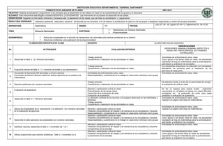 INSTITUCIÓN EDUCATIVA DEPARTAMENTAL “GENERAL SANTANDER”
                                         FORMATO DE PLANEADOR DE CLASES                                                                                                                 AÑO 2012
OBJETIVO: Realizar la planeación y seguimiento a los procesos que se desarrollan en las clases con base en las características de los grupos y la estructura
ALCANCE: Este instrumento está dirigido a los/las DOCENTES y ESTUDIANTES que intervienen en el proceso de desarrollo de las clases.
ORIENTACIÓN: Registrar la información suficiente y necesaria para la planeación de las clases, que permitan su socialización y seguimiento.
RESULTADO ESPERADO               Utilización pertinente, adecuada y oportuna del formato por los docentes, a fin de realizar la socialización a cada uno de los grupos y establecer seguimiento y control del proceso evaluativo.
                                                                                                                                                                               Julio 23 –26 –30; Agosto 02–09–13; Septiembre 03– 06-10-20
ASIGNATURA                       Matemáticas                                          GRADO                        701                           FECHAS

                                                                                                                             Operaciones con números Racionales.
TEMA                             Números Racionales.                                  SUBTEMAS
                                                                                                                             Proporcionalidad.

DESEMPEÑO/S                                Aplicar las propiedades en la solución de operaciones con racionales para resolver problemas de su entorno
                                           Solucionar problemas como aplicación de la proporcionalidad
                          PLANEACIÓN ESPECÍFICA DE CLASE                                       DOCENTE                                                                         GLORIA INÉS ROJAS QUEVEDO
                                                                                                                                                                                                      OBSERVACIONES
                                                                                                                                                                                          (NOVEDADES: alcances y limitantes, ASPECTOS A
No                                         ACTIVIDADES                                                                     EVALUACION/CRITERIOS
                                                                                                                                                                                            RESALTAR, PARTICIPANTES, ACTIVIDADES
                                                                                                                                                                                                         EXTRACLASE)

                                                                                               Trabajo personal.                                                                       Actividades de profundización extra- clase.
 1     Desarrollar el taller 2.1.2 ( Números decimales )                                       Cumplimiento y realización de las actividades en clase.                                 Como apoyo a los temas vistos en clase, los estudiantes
                                                                                                                                                                                       ingresarán al blog de matemáticas para la profundización,
                                                                                                                                                                                       ejercitación y ampliación de conceptos.
                                                                                               Trabajo personal.                                                                       Los estudiantes presentaron la evaluación con honestidad.
 2                                                                                             Cumplimiento y realización de las actividades en clase.                                 Manejando los procesos para la realización de los
       Evaluación escrita del taller 2.1.1 ( números racionales y sus operaciones )
                                                                                                                                                                                       ejercicios de cada punto.
       Conversión de fracciones NO decimales a número decimal.                                 Actividades de profundización extra- clase.                                             Actividades de profundización extra- clase.
       Conversión de fracción decimal a decimal; realizar ejercicios en el cuaderno de         Responsabilidad y cumplimiento en el trabajo en clase tanto individual como grupal.
 3
       matemáticas.

                                                                                               Trabajo personal.                                                                       Se aclararon dudas y se les dio la oportunidad de corregir
 4     Resolver problemas con números racionales.                                              Cumplimiento y realización de las actividades en clase.                                 la evaluación de corte en clase.

                                                                                               Atención y participación activa en clase.                                               Se dio un espacio para aclarar dudas,          explicando
       Evaluación de superación.
                                                                                               Profundización de los temas vistos.                                                     nuevamente en el tablero los temas con mayor dificultad,
 5
                                                                                               Corrección de la evaluación de corte.                                                   corrigiendo así     la evaluación de corte; para luego
                                                                                               Evaluación de superación.                                                               presentar la evaluación de superación.
                                                                                               La utilización correcta de los recursos y el progreso observado en las habilidades y    Actividades de profundización extra- clase.
       Desarrollar el taller 2.3 “ Números decimales”
                                                                                               destrezas.                                                                              Ingresar a la página web (blog de matemáticas).
 6
                                                                                               Trabajo personal.
                                                                                               Cumplimiento y realización de las actividades en clase.
                                                                                                                                                                                       Actividades de profundización extra- clase.
       Aplicar las propiedades de la potenciación y la radicación con números racionales       Atención y participación activa en clase.                                               Ingresar a la página web (blog de matemáticas).
 7
       en la realización de ejercicios.                                                        Presentar comportamiento de respeto y de tolerancia a los compañeros y Docente.
                                                                                               Responsabilidad y cumplimiento en el trabajo en clase tanto individual como grupal.
                                                                                               Atención y participación activa en clase.                                               Actividades de profundización extra- clase.
                                                                                               Presentar comportamiento de respeto y de tolerancia a los compañeros y Docente.         Como apoyo a los temas vistos en clase, los estudiantes
 8
       Desarrollar el taller aplicando las propiedades con números racionales.                 Responsabilidad y cumplimiento en el trabajo en clase tanto individual como grupal.     ingresarán al blog de matemáticas para la profundización,
                                                                                                                                                                                       ejercitación y ampliación de conceptos.
                                                                                               Atención y participación activa en clase.                                               Actividades de profundización extra- clase.
 9     Identificar razones, desarrollar el taller 3.1 numerales del 1 al 7.                    Presentar comportamiento de respeto y de tolerancia a los compañeros y Docente.
                                                                                               Cumplimiento de la actividad.
                                                                                               Atención y participación activa en clase.                                               Actividades de profundización extra- clase.
                                                                                               Presentar comportamiento de respeto y de tolerancia a los compañeros y Docente.         Como apoyo a los temas vistos en clase, los estudiantes
10     Utilizar proporciones para resolver problemas. Taller 3.1 numerales 8 y 9.
                                                                                               Cumplimiento de la actividad.                                                           ingresarán al blog de matemáticas para la profundización,
                                                                                                                                                                                       ejercitación y ampliación de conceptos.
 