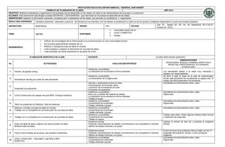 INSTITUCIÓN EDUCATIVA DEPARTAMENTAL “GENERAL SANTANDER”
                                         FORMATO DE PLANEADOR DE CLASES                                                                                                                AÑO 2012
OBJETIVO: Realizar la planeación y seguimiento a los procesos que se desarrollan en las clases con base en las características de los grupos y la estructura
ALCANCE: Este instrumento está dirigido a los/las DOCENTES y ESTUDIANTES que intervienen en el proceso de desarrollo de las clases.
ORIENTACIÓN: Registrar la información suficiente y necesaria para la planeación de las clases, que permitan su socialización y seguimiento.
RESULTADO ESPERADO              Utilización pertinente, adecuada y oportuna del formato por los docentes, a fin de realizar la socialización a cada uno de los grupos y establecer seguimiento y control del proceso evaluativo.
                                                                                                                                                                              Julio 19 ; Agosto 02– 09 -16– 23; Septiembre 06-12-20-27;
ASIGNATURA                      Matemáticas                                          GRADO                        1001                             FECHAS
                                                                                                                                                                              Octubre 04- 18-25;
                                                                                                                            comunidad virtual y las tic
                                                                                                                            LEGO Y ROBÓTICA
TEMA                            Las tics                                             SUBTEMAS
                                                                                                                            Access.

                                          Utilizar las tecnologías de la información y la comunicación en una comunidad virtual
                                          Se comunica asertivamente mediante las tic.
DESEMPEÑO/S                               Elaborar y manejaruna base de datos en Access
                                          Crear prototipos y registrar la información en una base de datos.
                                          Crear prototipos de robots basándose en las guías de LEGO.

                         PLANEACIÓN ESPECÍFICA DE CLASE                                        DOCENTE                                                                       GLORIA INÉS ROJAS QUEVEDO
                                                                                                                                                                                                     OBSERVACIONES
                                                                                                                                                                                         (NOVEDADES: alcances y limitantes, ASPECTOS A
No                                         ACTIVIDADES                                                                     EVALUACION/CRITERIOS
                                                                                                                                                                                           RESALTAR, PARTICIPANTES, ACTIVIDADES
                                                                                                                                                                                                        EXTRACLASE)
                                                                                               Asistencia y puntualidad.
 1     Hacerle los ajustes al blog.                                                            La realización de la actividad en forma ordenada.                                      Los estudiantes asisten a la clase muy motivados y
                                                                                                                                                                                      trabajan con responsabilidad.
                                                                                               Asistencia y puntualidad.                                                              Se llevó a cabo la clase en la sala de audiovisuales,
 2                                                                                             La presentación de la página web.                                                      donde cada estudiante fue socializando su página web. El
       Socialización del blog por parte de cada estudiante.
                                                                                                                                                                                      trabajo que ellos presentaron fue excelente.
                                                                                               Atención y participación activa en clase.                                              Actividades de profundización extra- clase.
                                                                                               Profundización de los temas vistos.
 3
                                                                                               Corrección de la evaluación de corte.
       Evaluación de superación.
                                                                                               Evaluación de superación.
                                                                                               Asistencia y puntualidad.                                                              Actividades de profundización extra- clase.
                                                                                               Buen uso y cuidado del material de trabajo.                                            Página web.
 4     LEGO:Construcción por parejas ver guía 9632 ( Energía mecánica)
                                                                                               La realización de la actividad en forma ordenada.
                                                                                               Trabajo en grupo.
                                                                                               Asistencia y puntualidad.                                                              Actividades de profundización extra- clase.
 5                                                                                             Cumplimiento de la actividad.                                                          Página web.
       Mirar los programas de Robótica ( Sala de sistemas)
                                                                                               Trabajo individual y grupal.
       Elaborar y maneja una base de datos en Access                                           Asistencia y puntualidad.                                                              Actividades de profundización extra- clase.
 6     Trabajar con un compañero en la construcción de una base de datos                       Cumplimiento de la actividad.
                                                                                               Trabajo individual y grupal
                                                                                               Asistencia y puntualidad.                                                              Trabajo extra-clase: Visitar algunos enlaces sobre Access
 7     Trabajar con un compañero en la construcción de una base de datos.                      Cumplimiento de la actividad.                                                          y responder las preguntas.
                                                                                               Trabajo en equipo.
                                                                                               Asistencia puntual.                                                                    Ingresar al tutorial de aula clic y practicar el programa
       Crear una tabla de datos, asignar una clave principal a la tabla.                       Presentar comportamiento de respeto y de tolerancia a los compañeros y Docente         Access.
 8
       Modificar tabla de datos.                                                               Hábitos de trabajo individual y en grupo.

                                                                                               Asistencia puntual.                                                                    Enviar al correo de la profesora Gloria el taller con las 10
 9     Poner al día el trabajo de las guías que quedaron pendientes.                           Presentar comportamiento de respeto y de tolerancia a los compañeros y Docente         preguntas del programa Access y subir al blog las
                                                                                               Hábitos de trabajo individual y en grupo.                                              imágenes.
                                                                                               Asistencia y puntualidad.                                                              Actividades de profundización extra- clase.
       LEGO: Construcción ( Neumática ) caja 9632 y 9641
10                                                                                             Cumplimiento de la actividad.                                                          Página web.
       ROBÓTICA.
                                                                                               Trabajo individual y grupal
 