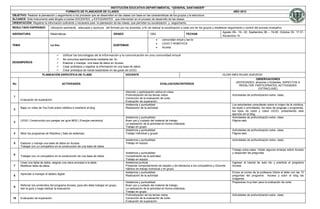 INSTITUCIÓN EDUCATIVA DEPARTAMENTAL “GENERAL SANTANDER”
                                         FORMATO DE PLANEADOR DE CLASES                                                                                                                AÑO 2012
OBJETIVO: Realizar la planeación y seguimiento a los procesos que se desarrollan en las clases con base en las características de los grupos y la estructura
ALCANCE: Este instrumento está dirigido a los/las DOCENTES y ESTUDIANTES que intervienen en el proceso de desarrollo de las clases.
ORIENTACIÓN: Registrar la información suficiente y necesaria para la planeación de las clases, que permitan su socialización y seguimiento.
RESULTADO ESPERADO              Utilización pertinente, adecuada y oportuna del formato por los docentes, a fin de realizar la socialización a cada uno de los grupos y establecer seguimiento y control del proceso evaluativo.
                                                                                                                                                                              Agosto 08– 15– 22; Septiembre 06 – 19-26; Octubre 03- 17-31;
ASIGNATURA                      Matemáticas                                          GRADO                         1002                            FECHAS
                                                                                                                                                                              Noviembre 14
                                                                                                                             comunidad virtual y las tic
                                                                                                                             LEGO Y ROBÓTICA
TEMA                            La tics.                                             SUBTEMAS
                                                                                                                             Access.

                                          Utilizar las tecnologías de la información y la comunicación en una comunidad virtual
                                          Se comunica asertivamente mediante las tic.
DESEMPEÑO/S                               Elaborar y manejar una base de datos en Access
                                          Crear prototipos y registrar la información en una base de datos.
                                          Crear prototipos de robots basándose en las guías de LEGO.
                         PLANEACIÓN ESPECÍFICA DE CLASE                                        DOCENTE                                                                        GLORI INÉS ROJAS QUEVEDO
                                                                                                                                                                                                     OBSERVACIONES
                                                                                                                                                                                         (NOVEDADES: alcances y limitantes, ASPECTOS A
No                                         ACTIVIDADES                                                                      EVALUACION/CRITERIOS
                                                                                                                                                                                           RESALTAR, PARTICIPANTES, ACTIVIDADES
                                                                                                                                                                                                        EXTRACLASE)
                                                                                               Atención y participación activa en clase.
                                                                                               Profundización de los temas vistos.                                                    Actividades de profundización extra- clase.
 1
                                                                                               Corrección de la evaluación de corte.
       Evaluación de superación.
                                                                                               Evaluación de superación.
                                                                                               Asistencia y puntualidad.                                                              Los estudiantes consultarán sobre el origen de la robótica,
       Bajar un video de YouTube sobre robótica e insertarlo al blog                           Realización de la actividad                                                            las leyes o prioridades, los tipos de lenguaje y programas,
 2
                                                                                                                                                                                      los tipos de robot y cobre LEGO, presentando este
                                                                                                                                                                                      ejercicio en el blog.
                                                                                               Asistencia y puntualidad.                                                              Actividades de profundización extra- clase.
       LEGO: Construcción por parejas ver guía 9632 ( Energía mecánica)                        Buen uso y cuidado del material de trabajo.                                            Página web.
 3
                                                                                               La realización de la actividad en forma ordenada.
                                                                                               Trabajo en grupo.
                                                                                               Asistencia y puntualidad.                                                              Actividades de profundización extra- clase.
 4     Mirar los programas de Robótica ( Sala de sistemas)                                     Trabajo individual y grupal.                                                           Página web.

                                                                                               Asistencia y puntualidad.                                                              Actividades de profundización extra- clase.
 5     Elaborar y maneja una base de datos en Access                                           Trabajo en equipo.
       Trabajar con un compañero en la construcción de una base de datos
                                                                                                                                                                                      Trabajo extra-clase: Visitar algunos enlaces sobre Access
                                                                                               Asistencia y puntualidad.                                                              y responder las preguntas.
 6
       Trabajar con un compañero en la construcción de una base de datos.                      Cumplimiento de la actividad.
                                                                                               Trabajo en equipo.
       Crear una tabla de datos, asignar una clave principal a la tabla.                       Asistencia puntual.                                                                    Ingresar al tutorial de aula clic y practicar el programa
 7     Modificar tabla de datos.                                                               Presentar comportamiento de respeto y de tolerancia a los compañeros y Docente         Access.
                                                                                               Hábitos de trabajo individual y en grupo.
                                                                                               Asistencia y puntualidad.                                                              Enviar al correo de la profesora Gloria el taller con las 10
       Aprender a manejar el tablero digital.
 8                                                                                             Realización de la actividad                                                            preguntas del programa Access y subir al blog las
                                                                                                                                                                                      imágenes.
                                                                                               Asistencia y puntualidad.                                                              Prepararse muy bien para la evaluación de corte.
       Reforzar los contenidos del programa Access, para ello debe trabajar en grupo,          Buen uso y cuidado del material de trabajo.
 9
       leer la guía y luego realizar la evaluación.                                            La realización de la actividad en forma ordenada.
                                                                                               Trabajo en grupo.
                                                                                               Profundización de los temas vistos.                                                    Actividades de profundización extra- clase.
10     Evaluación de superación                                                                Corrección de la evaluación de corte.
                                                                                               Evaluación de superación.
 