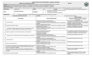 INSTITUCIÓN EDUCATIVA DEPARTAMENTAL “GENERAL SANTANDER”
                                         FORMATO DE PLANEADOR DE CLASES                                                                                                                  AÑO 2012
OBJETIVO: Realizar la planeación y seguimiento a los procesos que se desarrollan en las clases con base en las características de los grupos y la estructura
ALCANCE: Este instrumento está dirigido a los/las DOCENTES y ESTUDIANTES que intervienen en el proceso de desarrollo de las clases.
ORIENTACIÓN: Registrar la información suficiente y necesaria para la planeación de las clases, que permitan su socialización y seguimiento.
RESULTADO ESPERADO               Utilización pertinente, adecuada y oportuna del formato por los docentes, a fin de realizar la socialización a cada uno de los grupos y establecer seguimiento y control del proceso evaluativo.
ASIGNATURA                       Matemáticas                                           GRADO                          606                          FECHAS                      Sept 07-27-28; Octubre 04-05- 18- 19-25-26; Noviembre 01- 15
                                                                                                                                Operaciones y propiedades con números naturales.
                                 Números fraccionarios.                                                                         Operaciones con Fracciones
TEMA                                                                                   SUBTEMAS
                                                                                                                                Conversiones y operaciones con decimales.

DESEMPEÑO/S                               Aplicar las propiedades en la solución de operaciones con fracciones para resolver problemas de su entorno
                         PLANEACIÓN ESPECÍFICA DE CLASE                                           DOCENTE                                                                         GLORIA INÉS ROJAS QUEVEDO
                                                                                                                                                                                                              OBSERVACIONES
                                                                                                                                                                                            (NOVEDADES: alcances y limitantes, ASPECTOS A
No                                         ACTIVIDADES                                                                        EVALUACION/CRITERIOS
                                                                                                                                                                                                RESALTAR, PARTICIPANTES, ACTIVIDADES
                                                                                                                                                                                                               EXTRACLASE)
                                                                                                  Asistencia puntual a clase y participación activa.                                     Actividades de profundización extra- clase.
                                                                                                  Cumplimiento y realización de las actividades en clase.                                Como apoyo a los temas vistos en clase, los estudiantes
 1     Terminar el taller 3.1
                                                                                                  La utilización correcta de los recursos y el progreso observado en las habilidades y   ingresarán al blog de matemáticas para la profundización,
                                                                                                  destrezas.                                                                             ejercitación y ampliación de conceptos.
                                                                                                  Atención y participación activa en clase.                                              Actividades de profundización extra- clase.
 2     Evaluación escrita sobre el taller 3.1                                                     Presentar comportamiento de respeto y de tolerancia a los compañeros y Docente         Realizar las actividades once, doce y trece del animaplano
                                                                                                  Cumplimiento de la actividad.                                                          en casa con la orientación de sus padres.
                                                                                                  Atención y participación activa en clase.                                              Actividades de profundización extra- clase.
         Representar fracciones decimales como expresiones decimales y viceversa.                 Presentar comportamiento de respeto y de tolerancia a los compañeros y Docente.
 3
       Sumar, restar y multiplicar expresiones decimales y resolver problemas.                    Cumplimiento de la actividad.

                                                                                                  Atención y participación activa en clase.                                              Los estudiantes que obtuvieron desempeño bajo en las
       Reforzar las operaciones con números fraccionarios y sus aplicaciones.                     Profundización de los temas vistos.                                                    evaluaciones de los talleres 3.1 y3.2 se les dio una nueva
 4
                                                                                                  Corrección de la evaluación.                                                           oportunidad de presentarlas, aclarando dudas antes.
                                                                                                  Cumplimiento de la actividad.
                                                                                                  Asistencia puntual a clase y participación activa.                                     Actividades de profundización extra- clase.
         Realizar el taller 3.3 (Números fraccionarios, mixtos decimales. Conversiones)           Cumplimiento y realización de las actividades en clase.
 5
                                                                                                  La utilización correcta de los recursos y el progreso observado en las habilidades y
                                                                                                  destrezas.
                                                                                                  Asistencia puntual a clase y participación activa.                                     Actividades de profundización extra- clase.
                                                                                                  Cumplimiento y realización de las actividades en clase.
 6     Terminar el taller 3.3
                                                                                                  La utilización correcta de los recursos y el progreso observado en las habilidades y
                                                                                                  destrezas.
                                                                                                  Atención y participación activa en clase.                                              Actividades de profundización extra- clase.
                                                                                                  Presentar comportamiento de respeto y de tolerancia a los compañeros y Docente
 7     Evaluación escrita del taller 3.3
                                                                                                  Hábitos de trabajo individual y en grupo.

       Leer el capítulo VI “El laberinto” del libro: Malditas matemáticas “Alicia en el país de   Asistencia y puntualidad.                                                              Actividades de profundización extra- clase.
 8     los números”, responder las preguntas, subrayar las palabras desconocidas y                Cumplimiento y realización de las actividades en clase.
       buscar en el diccionario su significado.                                                   Presentar los implementos de trabajo.
                                                                                                  Asistencia puntual a clase y participación activa.                                     Ingresar al blog de matemáticas y ejercitar las
       Utilizar procedimientos de cálculo mental, escrito y empleando herramientas
                                                                                                  Cumplimiento y realización de las actividades en clase.                                operaciones con decimales.
 9     tecnológicas para efectuar adiciones, sustracciones y multiplicaciones con números
                                                                                                  La utilización correcta de los recursos y el progreso observado en las habilidades y
       decimales.
                                                                                                  destrezas.
                                                                                                  Asistencia y puntualidad.                                                              Antes de presentar la prueba, se les hizo un repaso,
10     Presentar la prueba de superación.                                                         Cumplimiento y realización de las actividades en clase.                                aclarando dudas y reforzando los temas de mayor
                                                                                                                                                                                         dificultad.
 