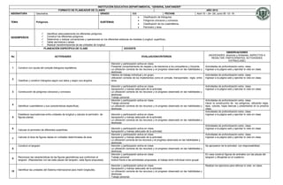 INSTITUCIÓN EDUCATIVA DEPARTAMENTAL “GENERAL SANTANDER”
                                               FORMATO DE PLANEADOR DE CLASES                                                                                                           AÑO 2012
ASIGNATURA              Geometría.                                         GRADO                 606                        FECHAS                                             Abril 10 – 24– 29; Junio 05 -12- 19
                                                                                                       Clasificación de triángulos.
                                                                                                       Polígonos cóncavos y convexos.
TEMA                    Polígonos.                                         SUBTEMAS
                                                                                                       Clasificación de los cuadriláteros.
                                                                                                       Perímetro y área.

                                   Identificar adecuadamente los diferentes polígonos.
DESEMPEÑO/S                        Construir los diferentes polígonos.
                                   Determinar y realizar conversiones y operaciones en los diferentes sistemas de medidas (Longitud, superficie).
                                   Hallar perímetros y áreas.
                                   Realizar transformaciones de las unidades de longitud.
                                  PLANEACIÓN ESPECÍFICA DE CLASE                                            DOCENTE
                                                                                                                                                                                                      OBSERVACIONES
                                                                                                                                                                                          (NOVEDADES: alcances y limitantes, ASPECTOS A
No                                          ACTIVIDADES                                                                    EVALUACION/CRITERIOS
                                                                                                                                                                                            RESALTAR, PARTICIPANTES, ACTIVIDADES
                                                                                                                                                                                                         EXTRACLASE)
                                                                                               Atención y participación activa en clase.
                                                                                               Presentar comportamiento de respeto y de tolerancia a los compañeros y Docente.         Actividades de profundización extra- clase.
1      Construir con ayuda del compás triángulos equiláteros.
                                                                                               La utilización correcta de los recursos y el progreso observado en las habilidades y    Ingresar a la página web y ejercitar lo visto en clase.
                                                                                               destrezas.
                                                                                               Hábitos de trabajo individual y en grupo.                                               Actividades de profundización extra- clase.
                                                                                               Utilización correcta de los implementos como el compás, transportador, regla, entre     Ingresar a la página web y ejercitar lo visto en clase.
2
       Clasificar y construir triángulos según sus lados y según sus ángulos.                  otros.

                                                                                               Atención y participación activa en clase.                                               Actividades de profundización extra- clase.
                                                                                               Apropiación y manejo adecuado de la actividad.                                          Ingresar a la página web y ejercitar lo visto en clase.
3      Construcción de polígonos cóncavos y convexos.                                          La utilización correcta de los recursos y el progreso observado en las habilidades y
                                                                                               destrezas.
                                                                                               Trabajo personal.
                                                                                               Atención y participación activa en clase.                                               Actividades de profundización extra- clase.
                                                                                               Trabajo personal.                                                                       Hacer la construcción de los polígonos, utilizando regla,
4
       Identificar cuadriláteros y sus características específicas.                            La utilización correcta de los recursos y el progreso observado en las habilidades y    lápiz, colores, hojas blancas y presentarlos en la próxima
                                                                                               destrezas.                                                                              clase.
                                                                                                                                                                                       Actividades de profundización extra- clase.
       Establecer equivalencias entre unidades de longitud y calcular el perímetro de          Atención y participación activa en clase.                                               Ingresar a la página web y ejercitar lo visto en clase
5      figuras planas.                                                                         Apropiación y manejo adecuado de la actividad.
                                                                                               La utilización correcta de los recursos y el progreso observado en las habilidades y
                                                                                               destrezas.
                                                                                                                                                                                       Actividades de profundización extra- clase.
6                                                                                              Atención y participación activa en clase.                                               Ingresar a la página web y ejercitar lo visto en clase
       Calcular el perímetro de diferentes superficies.
                                                                                               Apropiación y manejo adecuado de la actividad.
                                                                                               Atención y participación activa en clase.                                               Actividades de profundización extra- clase.
       Calcular el área de figuras dadas en unidades determinadas de área.                     Apropiación y manejo adecuado de la actividad.                                          Ingresar a la página web y ejercitar lo visto en clase
7
                                                                                               La utilización correcta de los recursos y el progreso observado en las habilidades y
                                                                                               destrezas.
       Construir el tangram                                                                    Atención y participación activa en clase.                                               Se apropiaron de la actividad con responsabilidad.
8                                                                                              La utilización correcta de los recursos y el progreso observado en las habilidades y
                                                                                               destrezas.
                                                                                               Atención y participación activa en clase.                                               En casa construir figuras de animales con las piezas del
       Reconocer las características de las figuras geométricas que conforman el               Trabajo personal.                                                                       tangram y dibujarlas en el cuaderno.
9
       tangram. (Representar con las siete piezas del tangram, cada figura propuesta).         Actitud frente a las actividades propuestas, el trabajo tanto individual como grupal.

                                                                                               Atención y participación activa en clase.                                               Realizar los ejercicios para reforzar lo visto en clase.
                                                                                               Apropiación y manejo adecuado de la actividad.
       Identificar las unidades del Sistema Internacional para medir longitudes.
10                                                                                             La utilización correcta de los recursos y el progreso observado en las habilidades y
                                                                                               destrezas.
                                                                                               Trabajo personal.
 