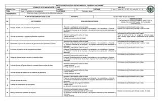 INSTITUCIÓN EDUCATIVA DEPARTAMENTAL “GENERAL SANTANDER”
                                          FORMATO DE PLANEADOR DE CLASES                                                                                                   AÑO 2012
ASIGNATURA            Geometría.                                            GRADO                 701                     FECHAS                                 Abril 11; Mayo 02 - 07–22 – 23; Junio 06– 13 - 20
TEMA                  Áreas y Perímetros en los polígonos                   SUBTEMAS                    Perímetro, áreas.
DESEMPEÑO/S                Determina Áreas y Perímetros en los diferentes polígonos

                             PLANEACIÓN ESPECÍFICA DE CLASE                                  DOCENTE                                                               GLORIA INÉS ROJAS QUEVEDO
                                                                                                                                                                                       OBSERVACIONES
                                                                                                                                                                           (NOVEDADES: alcances y limitantes, ASPECTOS A
No                                      ACTIVIDADES                                                           EVALUACION/CRITERIOS
                                                                                                                                                                             RESALTAR, PARTICIPANTES, ACTIVIDADES
                                                                                                                                                                                          EXTRACLASE)

                                                                                  Atención y participación activa en clase.                                             Actividades de profundización extra- clase.
     Realizar el taller 2 en el cuaderno de geometría.
1                                                                                Presentar comportamiento de respeto y de tolerancia a los compañeros y Docente.        Ingresar a la página web y ejercitar lo visto en clase.
                                                                                 La utilización correcta de los recursos y el progreso observado en las habilidades y
                                                                                 destrezas.
                                                                                                                                                                        Actividades de profundización extra- clase.
                                                                                 Atención y participación activa en clase.                                              Hacer la construcción de los polígonos, utilizando regla,
2    Calcular el perímetro y el área de diferentes superficies.                  Trabajo personal.                                                                      lápiz, colores, hojas blancas y presentarlos en la próxima
                                                                                 Revisión de implementos de trabajo.                                                    clase.

                                                                                 Atención y participación activa en clase.                                              Actividades de profundización extra- clase.
                                                                                 Presentar comportamiento de respeto y de tolerancia a los compañeros y Docente.        Ingresar a la página web y ejercitar lo visto en clase.
3    Desarrollar la guía en el cuaderno de geometría sobre perímetros y áreas.
                                                                                 La utilización correcta de los recursos y el progreso observado en las habilidades y
                                                                                 destrezas.
                                                                                 Atención y participación activa en clase.                                              Actividades de profundización extra- clase.
     Encontrar la longitud de las circunferencias dadas.                         Presentar comportamiento de respeto y de tolerancia a los compañeros y Docente.
4
                                                                                 La utilización correcta de los recursos y el progreso observado en las habilidades y
                                                                                 destrezas.
                                                                                                                                                                        Actividades de profundización extra- clase.
                                                                                 Atención y participación activa en clase.
5    Dadas las figuras planas, calcular su respectiva área.                      Presentar comportamiento de respeto y de tolerancia a los compañeros y Docente.
                                                                                 La utilización correcta de los recursos y el progreso observado en las habilidades y
                                                                                 destrezas.
                                                                                                                                                                        Actividades de profundización extra- clase.
                                                                                 Atención y participación activa en clase.
6    Calcular el área de figuras dadas en unidades determinadas de área.         Trabajo personal.
                                                                                 Entrega oportuna del taller.

                                                                                 Atención y participación activa en clase.                                              Actividades de profundización extra- clase.
                                                                                 Trabajo personal.
7    Calcular el área del trapecio en el cuaderno de geometría.
                                                                                 Entrega oportuna del taller.

                                                                                 Atención y participación activa en clase.                                              Actividades de profundización extra- clase.
                                                                                 Presentar comportamiento de respeto y de tolerancia a los compañeros y Docente.
8
                                                                                 La utilización correcta de los recursos y el progreso observado en las habilidades y
     Calcular el área del rombo.
                                                                                 destrezas.
                                                                                 Manejo adecuado del programa Publisher.                                                Actividades de profundización extra- clase.
     Folletos de presentación de la empresa.                                     Trabajo grupal.
9
                                                                                 La utilización correcta de los recursos.

                                                                                 Atención y participación activa en clase.
                                                                                 Apropiación y manejo adecuado de la actividad.                                         Realizar los ejercicios para reforzar lo visto en clase.
10   Medir y transformar unidades de longitud.                                   La utilización correcta de los recursos y el progreso observado en las habilidades y
                                                                                 destrezas.
                                                                                 Trabajo personal.
 