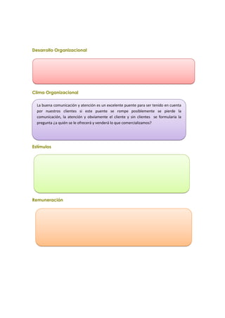 Desarrollo Organizacional
Clima Organizacional
Estímulos
Remuneración
La buena comunicación y atención es un excelente puente para ser tenido en cuenta
por nuestros clientes si este puente se rompe posiblemente se pierde la
comunicación, la atención y obviamente el cliente y sin clientes se formularia la
pregunta ¿a quién se le ofrecerá y venderá lo que comercializamos?
 