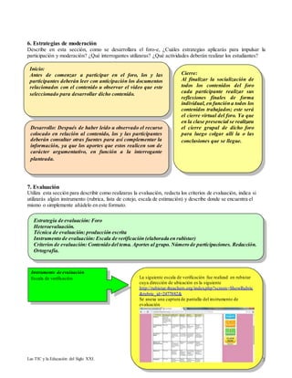 6. Estrategias de moderación 
Describe en esta sección, como se desarrollara el foro-e, ¿Cuáles estrategias aplicarás para impulsar la 
participación y moderación? ¿Qué interrogantes utilizaras? ¿Qué actividades deberán realizar los estudiantes? 
Inicio: 
Antes de comenzar a participar en el foro, los y las 
participantes deberán leer con anticipación los documentos 
relacionados con el contenido u observar el video que este 
seleccionado para desarrollar dicho contenido. 
Desarrollo: Después de haber leído u observado el recurso 
colocado en relación al contenido, los y las participantes 
deberán consultar otras fuentes para así complementar la 
información, ya que los aportes que estos realicen son de 
carácter argumentativo, en función a la interrogante 
planteada. 
Cierre: 
Al finalizar la socialización de 
todos los contenidos del foro 
cada participante realizar sus 
reflexiones finales de forma 
individual, en función a todos los 
contenidos trabajados; este será 
el cierre virtual del foro. Ya que 
en la clase presencial se realizara 
el cierre grupal de dicho foro 
para luego colgar allí la o las 
conclusiones que se llegue. 
7. Evaluación 
Utiliza esta sección para describir como realizaras la evaluación, redacta los criterios de evaluación, indica si 
utilizarás algún instrumento (rubrica, lista de cotejo, escala de estimación) y describe donde se encuentra el 
mismo o simplemente añádelo en este formato. 
Estrategia de evaluación: Foro 
Heteroevaluación. 
Técnica de evaluación: producción escrita 
Instrumento de evaluación: Escala de verificación (elaborada en rubistar) 
Criterios de evaluación: Contenido del tema. Aportes al grupo. Número de participaciones. Redacción. 
Ortografía. 
Instrumento de evaluación 
Escala de verificación La siguiente escala de verificación fue realizad en rubistar 
cuya dirección de ubicación es la siguiente 
http://rubistar.4teachers.org/index.php?screen=ShowRubric 
&rubric_id=2477882& 
Se anexa una captura de pantalla del instrumento de 
evaluación 
Las TIC y la Educación del Siglo XXI. 3 
 