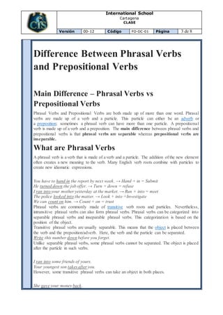 International School
Cartagena
CLASE
Versión 00-12 Código FO-DC-01 Página 3 de 8
Difference Between Phrasal Verbs
and Prepositional Verbs
Main Difference – Phrasal Verbs vs
Prepositional Verbs
Phrasal Verbs and Prepositional Verbs are both made up of more than one word. Phrasal
verbs are made up of a verb and a particle. This particle can either be an adverb or
a preposition; sometimes a phrasal verb can have more than one particle. A prepositional
verb is made up of a verb and a preposition. The main difference between phrasal verbs and
prepositional verbs is that phrasal verbs are separable whereas prepositional verbs are
inseparable.
What are Phrasal Verbs
A phrasal verb is a verb that is made of a verb and a particle. The addition of the new element
often creates a new meaning to the verb. Many English verb roots combine with particles to
create new idiomatic expressions.
You have to hand in the report by next week. → Hand + in = Submit
He turned down the job offer. → Turn + down = refuse
I ran into your mother yesterday at the market. → Run + into = meet
The police looked into the matter. → Look + into =Investigate
We can count on him. → Count + on = trust
Phrasal verbs are commonly made of transitive verb roots and particles. Nevertheless,
intransitive phrasal verbs can also form phrasal verbs. Phrasal verbs can be categorized into
separable phrasal verbs and inseparable phrasal verbs. This categorization is based on the
position of the object.
Transitive phrasal verbs are usually separable. This means that the object is placed between
the verb and the preposition/adverb. Here, the verb and the particle can be separated.
Write this number down before you forget.
Unlike separable phrasal verbs, some phrasal verbs cannot be separated. The object is placed
after the particle in such verbs.
I ran into some friends of yours.
Your youngest son takes after you.
However, some transitive phrasal verbs can take an object in both places.
She gave your money back.
 