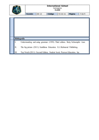 International School
Cartagena
CLASE
Versión 00-12 Código FO-DC-01 Página 8 de 8
Bibliografía
I. Understanding and using grammar (1999). Third edition. Betty Schrampfer Azar.
II. The big picture (2011). Santillana Education. S.L Richmond Publishing.
III. Top Notch (2011). Second Edition, Student book. Pearson Education, Inc.
 