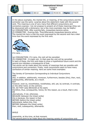 International School
                                            Cartagena
                                               CLASE

             Versión      00-12       Código      FO-DC-01    Página      3 de 6


In the above examples, the mental link, or meaning, of the conjunctions and the
connector was the same: surprise about the statement made with the second
verb. This meaning is one of very many that different conjunctions and
connectors express. I do not propose to present all of these meanings (they can
be discovered with a dictionary), but a few more examples may be helpful:
(e) CONJUNCTION: After evening falls, mosquitoes become active.
(f) CONNECTOR : Evening falls. Then/Afterwards mosquitoes become active.
The mental link here is that the event expressed by the second verb has a later
time than the event expressed by the first verb.
.




If it rains …
.
(g) CONJUNCTION: If it rains, the visit will be cancelled.
(h) CONNECTOR : It might rain. In that case the visit will be cancelled.
In each of these, the first verb helps to show a hypothetical future event and the
second one indicates a consequence of that.
Two points can be made about the variety of meanings that are possible with
conjunctions and connectors. Firstly, most conjunctions seem to have many
connectors of similar meaning. Here are some more examples:
.
The Variety of Connectors Corresponding to Individual Conjunctions
AND
also, in addition, additionally, moreover, furthermore, besides (this), then, next,
subsequently, afterwards, as a result.
BUT
however, even so, nevertheless, nonetheless, still, yet, by contrast, in contrast,
on the other hand, on the contrary.
SO, SO THAT (also BECAUSE at the start)
therefore, thus, consequently, hence, for this reason, as a result, that is why
OR
alternatively, if not, otherwise.
BECAUSE (between the linked verbs)
this is because, the reason is that.
BEFORE (before the linked verbs)
beforehand, before this, first.
BEFORE (between the linked verbs)
then, next, subsequently, afterwards.


WHILE

meanwhile, at this time, at that moment.
The second point to be made about the meaning variety of conjunctions and
 