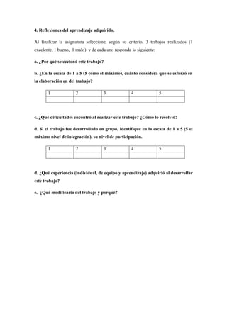 4. Reflexiones del aprendizaje adquirido.
Al finalizar la asignatura seleccione, según su criterio, 3 trabajos realizados (1
excelente, 1 bueno, 1 malo) y de cada uno responda lo siguiente:
a. ¿Por qué seleccionó este trabajo?
b. ¿En la escala de 1 a 5 (5 como el máximo), cuánto considera que se esforzó en
la elaboración en del trabajo?
1 2 3 4 5
c. ¿Qué dificultades encontró al realizar este trabajo? ¿Cómo lo resolvió?
d. Si el trabajo fue desarrollado en grupo, identifique en la escala de 1 a 5 (5 el
máximo nivel de integración), su nivel de participación.
1 2 3 4 5
d. ¿Qué experiencia (individual, de equipo y aprendizaje) adquirió al desarrollar
este trabajo?
e. ¿Qué modificaría del trabajo y porqué?
 