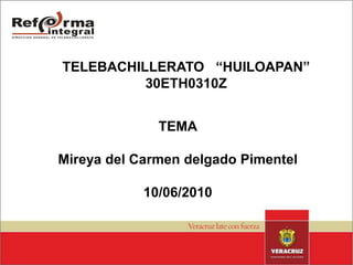 TELEBACHILLERATO   “HUILOAPAN”30ETH0310Z TEMA Mireya del Carmen delgado Pimentel 10/06/2010 