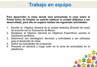 12 
Trabajo en equipo 
Para desarrollar la clase donde será presentado el caso sobre el 
Portal Único de Empleo se solicita elaborar la unidad didáctica a ser 
desarrollada, para ello se sugiere realizar las siguientes actividades: 
1. Escribir el Objetivo General de la unidad didáctica (Estudio de caso) 
de acuerdo con la Taxonomía de Bloom. 
2. Desglosar el Objetivo General en Objetivos Específicos usando la 
Taxonomía de Bloom. 
3. Determinar la/s estrategia/s, técnica/s y actividades a ser utilizadas 
para el desarrollo de clase. 
4. Definir las actividades de evaluación. 
5. Presenta en plenaria y luego subir en la zona de actividades en la 
plataforma. 
