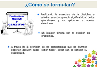 Analizando la estructura de la disciplina a 
estudiar, sus conceptos, la significatividad de los 
aprendizajes y su aplicación a nuevas 
situaciones. 
5 
¿Cómo se formulan? 
En relación directa con la solución de 
problemas. 
A través de la definición de las competencias que los alumnos 
deberían adquirir: saber- saber hacer- saber ser, al concluir su 
escolaridad. 
 