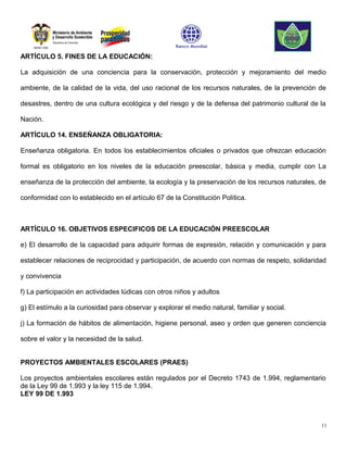 ARTÍCULO 5. FINES DE LA EDUCACIÓN:

La adquisición de una conciencia para la conservación, protección y mejoramiento del medio

ambiente, de la calidad de la vida, del uso racional de los recursos naturales, de la prevención de

desastres, dentro de una cultura ecológica y del riesgo y de la defensa del patrimonio cultural de la

Nación.

ARTÍCULO 14. ENSEÑANZA OBLIGATORIA:

Enseñanza obligatoria. En todos los establecimientos oficiales o privados que ofrezcan educación

formal es obligatorio en los niveles de la educación preescolar, básica y media, cumplir con La

enseñanza de la protección del ambiente, la ecología y la preservación de los recursos naturales, de

conformidad con lo establecido en el artículo 67 de la Constitución Política.



ARTÍCULO 16. OBJETIVOS ESPECIFICOS DE LA EDUCACIÓN PREESCOLAR

e) El desarrollo de la capacidad para adquirir formas de expresión, relación y comunicación y para

establecer relaciones de reciprocidad y participación, de acuerdo con normas de respeto, solidaridad

y convivencia

f) La participación en actividades lúdicas con otros niños y adultos

g) El estímulo a la curiosidad para observar y explorar el medio natural, familiar y social.

j) La formación de hábitos de alimentación, higiene personal, aseo y orden que generen conciencia

sobre el valor y la necesidad de la salud.


PROYECTOS AMBIENTALES ESCOLARES (PRAES)

Los proyectos ambientales escolares están regulados por el Decreto 1743 de 1.994, reglamentario
de la Ley 99 de 1.993 y la ley 115 de 1.994.
LEY 99 DE 1.993



                                                                                                   11
 