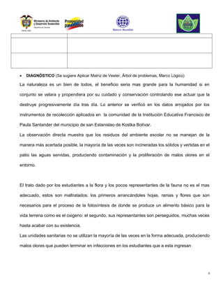 •   DIAGNÓSTICO (Se sugiere Aplicar Matriz de Vester, Árbol de problemas, Marco Lógico)

La naturaleza es un bien de todos, el beneficio seria mas grande para la humanidad si en

conjunto se velara y propendiera por su cuidado y conservación controlando ese actuar que la

destruye progresivamente día tras día. Lo anterior se verificó en los datos arrojados por los

instrumentos de recolección aplicados en la comunidad de la Institución Educativa Francisco de

Paula Santander del municipio de san Estanislao de Kostka Bolívar.

La observación directa muestra que los residuos del ambiente escolar no se manejan de la

manera más acertada posible, la mayoría de las veces son incineradas los sólidos y vertidas en el

patio las aguas servidas, produciendo contaminación y la proliferación de malos olores en el

entorno.



El trato dado por los estudiantes a la flora y los pocos representantes de la fauna no es el mas

adecuado, estos son maltratados; los primeros arrancándoles hojas, ramas y flores que son

necesarios para el proceso de la fotosíntesis de donde se produce un alimento básico para la

vida terrena como es el oxigeno: el segundo, sus representantes son perseguidos, muchas veces

hasta acabar con su existencia.

Las unidades sanitarias no se utilizan la mayoría de las veces en la forma adecuada, produciendo

malos olores que pueden terminar en infecciones en los estudiantes que a esta ingresan




                                                                                                6
 