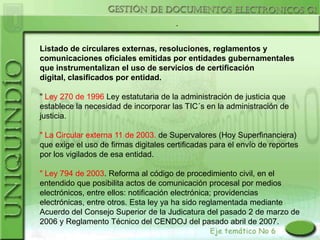 .


Listado de circulares externas, resoluciones, reglamentos y
comunicaciones oficiales emitidas por entidades gubernamentales
que instrumentalizan el uso de servicios de certificación
digital, clasificados por entidad.

" Ley 270 de 1996 Ley estatutaria de la administración de justicia que
establece la necesidad de incorporar las TIC´s en la administración de
justicia.

" La Circular externa 11 de 2003. de Supervalores (Hoy Superfinanciera)
que exige el uso de firmas digitales certificadas para el envío de reportes
por los vigilados de esa entidad.

" Ley 794 de 2003. Reforma al código de procedimiento civil, en el
entendido que posibilita actos de comunicación procesal por medios
electrónicos, entre ellos: notificación electrónica; providencias
electrónicas, entre otros. Esta ley ya ha sido reglamentada mediante
Acuerdo del Consejo Superior de la Judicatura del pasado 2 de marzo de
2006 y Reglamento Técnico del CENDOJ del pasado abril de 2007.
 