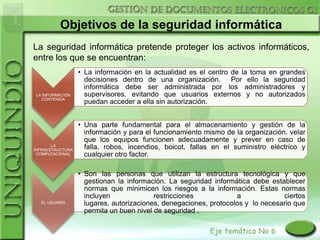Objetivos de la seguridad informática
La seguridad informática pretende proteger los activos informáticos,
entre los que se encuentran:
                  • La información en la actualidad es el centro de la toma en grandes
                    decisiones dentro de una organización. Por ello la seguridad
                    informática debe ser administrada por los administradores y
LA INFORMACIÓN      supervisores, evitando que usuarios externos y no autorizados
   CONTENIDA
                    puedan acceder a ella sin autorización.


                  • Una parte fundamental para el almacenamiento y gestión de la
                    información y para el funcionamiento mismo de la organización. velar
                    que los equipos funcionen adecuadamente y prever en caso de
       LA
INFRAESTRUCTURA
                    falla, robos, incendios, boicot, fallas en el suministro eléctrico y
 COMPUTACIONAL      cualquier otro factor.

                  • Son las personas que utilizan la estructura tecnológica y que
                    gestionan la información. La seguridad informática debe establecer
                    normas que minimicen los riesgos a la información. Estas normas
                    incluyen              restricciones            a             ciertos
  EL USUARIO        lugares, autorizaciones, denegaciones, protocolos y lo necesario que
                    permita un buen nivel de seguridad .
 