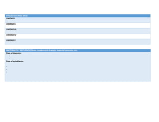 Vínculocon otras áreas
UNIDAD I.
UNIDAD II.
UNIDAD III.
UNIDAD IV
UNIDAD V
MATERIALES Y RECURSOS (libros,cuadernode trabajo, material concreto, etc.
Para el docente:
-
- .
Para el estudiante:
-
-
-