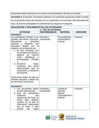 estudiantes deben participar en el proceso de interpretación del texto en estudio.
Actividad 4: Evaluación: El docente realizará una evaluación grupal para medir el grado
de comprensión lectora de acuerdo con un cuestionario con los temas más relevantes del
texto, el nivel de complejidad irá aumentando de pregunta en pregunta.
REALIZACIÓN Y SEGUIMIENTO DE LAS ACTIVIDADES
a. Plan de actividades
ACTIVIDAD RESPONSABLES MATERIAL DURACIÓN
Actividad1:
Los estudiantes entrarán a los
portales educativos Educared,
Educarchile y Colombia
Aprende y realizarán una
búsqueda dirigida por el
docente, con el propósito de:
1. El niño interactúe con
los portales educativos y
páginas de internet
como: bibliotecas y
enciclopedias virtuales
y,
2. Encontrar textos
narrativos que serán
seleccionados bajo la
supervisión y evaluación
del docente.
Estos textos deben ser sólo de
carácter educativo y deben ser
de escritores reconocidos.
Docente y
estudiantes.
Computadores,
conectividad a
internet.
1 semana
Actividad 2:
1. Los estudiantes leerán
el texto seleccionado.
2. Aquí los estudiantes
realizarán una
exploración del texto en
donde ellos deberán
sustraer de el toda la
información relacionada
con el tema o idea
central del texto,
Docentes y
estudiantes
Libreta de
apuntes,
lápices,
computadores e
internet.
1 semana
 