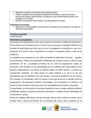  Identifico la silueta o el formato de los textos que leo.
 Elaboro hipótesis acerca del sentido global de los textos, antes y durante el
proceso de lectura; para el efecto, me apoyo en mis conocimientos previos, las
imágenes y los títulos.
 Identifico el propósito comunicativo y la idea global de un texto.
Estándares tecnología
 Reconozco la computadora como recurso de trabajo y comunicación y la utilizo en
diferentes actividades
Temática a estudiar
Lecto-escrituta
Referentes conceptuales:
El proceso de la lectoescritura tiene que involucrar la formación integral del estudiante y
de la manera como interactúa él en su medio. Es por eso que es importante hablar de los
proceso de aprendizaje que tiene que ver con la pedagogía de enseñanza y que va a
repercutir en la forma como el estudiante lo va llevar a la práctica dentro y fuera de la
Institución.
La finalidad de la educación en los niños es facilitar la adquisición de todos aquellos
conocimientos y valores que le permitan identificase con el grupo social y cultural al que
pertenecen. En las sociedades primitivas con un nivel de organización simple, la
educación corre paralela con los aprendizajes que le cualifican para desarrollarse como
persona independiente y se educa al individuo desde el medio familiar y a través de
experiencias cotidianas. En estos grupos el sujeto adquiere a la vez a la vez los
aprendizajes que los identifica como ser humano, y los que lo identifican con su cultura.
Sin embargo, en sociedades, como la nuestra, en las que se les da un elevado nivel de
organización y de desarrollo científico y tecnológico, no es suficiente ni la familia ni el
medio humano cercano al niño para cubrir sus necesidades de formación y educación.
El aprendizaje, por otra parte es el proceso mediante el cual un sujeto adquiere destreza
habilidades practicas incorpora contenidos informativos o adaptan nuevas estrategias de
conocimiento o acción
Entre las múltiples definiciones de este concepto esta la que le define el cambio como
cambio más o menos permanente de la conducta que ocurre como resultado de la
 