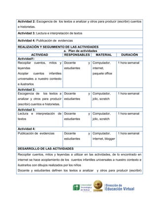Actividad 2: Escogencia de los textos a analizar y otros para producir (escribir) cuentos
e historietas.
Actividad 3: Lectura e interpretación de textos
Actividad 4: Publicación de evidencias
REALIZACIÓN Y SEGUIMIENTO DE LAS ACTIVIDADES
a. Plan de actividades
ACTIVIDAD RESPONSABLES MATERIAL DURACIÓN
Actividad1:
Recopilar cuentos, mitos y
leyendas
Acoplar cuentos infantiles
universales a nuestro contexto
e ilustrarlos
Docente y
estudiantes
Computador,
internet,
paquete office
1 hora semanal
Actividad 2:
Escogencia de los textos a
analizar y otros para producir
(escribir) cuentos e historietas.
Docente y
estudiantes
Computador,
jclic, scratch
1 hora semanal
Actividad 3:
Lectura e interpretación de
textos
Docente y
estudiantes
Computador,
jclic, scratch
1 hora semanal
Actividad 4:
Publicación de evidencias Docente y
estudiantes
Computador,
internet, blogger
1 hora semanal
DESARROLLO DE LAS ACTIVIDADES
Recopilar cuentos, mitos y leyendas a utilizar en las actividades, de lo encontrado en
internet se hace acoplamiento de los cuentos infantiles universales a nuestro contexto e
ilustrarlos con dibujos realizados por los niños
Docente y estudiantes definen los textos a analizar y otros para producir (escribir)
 