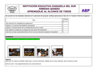 De acuerdo con los resultados obtenidos en la aplicación del proyecto, califique (seleccione) el ítem de 1 a 5 siendo 1 infe rior y 5 superior: 
Ítem 
Califique 
de 1 a 5 
¿Se alcanzan las competencias propuestas? 5 
¿Aporta a la solución del problema planteado? 5 
¿Aporta al mejoramiento de la calidad educativa de la sede? 5 
¿Se evidencia aceptación y comprensión por parte del estudiante? 5 
¿Se hace un buen aprovechamiento de los recursos educativos digitales manejados? 5 
EVIDENCIAS 
Fotos que evidencien la experiencia del proyecto (Máximo 4) 
ANEXOS 
Relacione los enlaces al portafolio digital, blog, o recursos educativos digitales que se hayan elaborado para el proyecto de aula. 
Dirección web1: http://alejandramariamore.wix.com/la-desercion 
 