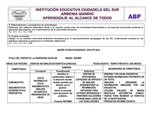 5. Sistematización y conclusiones de aprendizajes 
Evidencia una reflexión sistemática frente a la relación causal entre las actividades desarrolladas y los impactos alcanzados mediante la 
ejecución del proyecto, con la participación de la comunidad educativa. 
1 2 3 4 5 
6. Carácter innovador 
Integra en su contexto elementos didácticos novedosos para el aprovechamiento pedagógico de las TIC, evidenciando cambios en las 
prácticas educativas y mejoras en el ambiente institucional. 
1 2 3 4 5 
DISEÑO TECNO-PEDAGÓGICO CPE-UTP-2014 
TITULO DEL PROYECTO: LA DESERCIÓN ESCOLAR GRADO: DÉCIMO 
AREAS QUE INTEGRA: CIENCIAS NATURALES-ESTADÍSTICA-LENGUAJE FECHA:AGOSTO TIEMPO PREVISTO: DOS MESES 
COMPETENCIA 
SABERES 
DESEMPEÑOS DE COMPETENCIA 
Conceptual Procedimental Actitudinal 
COMUNICATIVA 
ARGUMENTATIVA 
INTERPRETATIVA 
PROPOSITIVA 
TEXTO 
INFORMATIVO 
TEXTO 
ARGUMENTATIVO 
ANALISIS 
ESTADISTICO 
ORGANIZACIÓN DE 
IDEAS 
Identifico la 
problemática relativa a 
la deserción escolar. 
Analizo posibles que 
factores que la 
generan. 
Aplico la encuesta 
para apropiarme del 
problema. 
Presento INFORME 
SENTIDO DE 
PERTENENCIA 
CAPACIDAD DE SÍNTESIS Y 
DE ANÁLISIS. 
ESQUEMATIZAR LA 
INFORMACIÓN, 
CAPACIDAD PARA 
EXTRAER INFERENCIAS Y 
PROPONER SOLUCIONES 
A PROBLEMAS LUEGO DE 
LAS CONCLUSIONES 
DISEÑAN Y APLIACAN ENCUESTAS 
EXTRAEN INFORMACIÓN PERTINENTE DE 
UN TEXTO. 
ANALIZAN Y ORGANIZAN LA 
INFORMACIÓN ARROJADA POR LAS 
ENCUESTAS. 
UTILIZAN ENLACES DE MAPAS 
MENTALES, HISTORIETAS, COMICS, 
VIDEOS PARA RECREAR LA TEMATICA 
DE LA INVESTIGACION. 
PRESENTAN INFORME ESCRITO. 
 