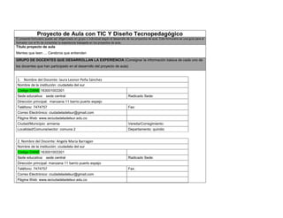 Proyecto de Aula con TIC Y Diseño Tecnopedagógico 
El presente formulario puede ser diligenciado en grupo o individual según el desarrollo de los proyectos de aula. Este formulario es una guía para el 
formador con el fin de consolidar la experiencia trabajada en los proyectos de aula. 
Titulo proyecto de aula 
Mentes que leen…. Cerebros que entienden 
GRUPO DE DOCENTES QUE DESARROLLAN LA EXPERIENCIA (Consignar la información básica de cada uno de 
los docentes que han participado en el desarrollo del proyecto de aula) 
1. Nombre del Docente: laura Leonor Peña Sánchez 
Nombre de la institución: ciudadela del sur 
Código DANE 163001003301 
Sede educativa: sede central R a dicado Sede: 
Dirección principal: manzana 11 barrio puerto espejo 
Teléfono: 7474757 Fax: 
Correo Electrónico: ciudadeladelsur@gmail.com 
Página Web: www.ieciudadeladelsur.edu.co 
Ciudad/Municipio: armenia Vereda/Corregimiento: 
Localidad/Comuna/sector: comuna 2 Departamento: quindio 
2. Nombre del Docente: Angela Maria Barragan 
Nombre de la institución: ciudadela del sur 
Código DANE 163001003301 
Sede educativa: sede central R a dicado Sede: 
Dirección principal: manzana 11 barrio puerto espejo 
Teléfono: 7474757 Fax: 
Correo Electrónico: ciudadeladelsur@gmail.com 
Página Web: www.ieciudadeladelsur.edu.co 
 