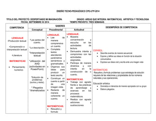 DISEÑO TECNO-PEDAGÓGICO CPE-UTP-2014 
TITULO DEL PROYECTO: DESPERTANDO MI IMAGINACIÓN. GRADO: AREAS QUE INTEGRA: MATEMÁTICAS, ARTISTICA Y TECNOLOGIA 
FECHA: SEPTIEMBRE /8/ 2014 TIEMPO PREVISTO: TRES SEMANAS 
COMPETENCIA 
SABERES 
DESEMPEÑOS DE COMPETENCIA 
Conceptual Procedimental Actitudinal 
LENGUAJE 
•Producción textual 
•Comprensión e 
interpretación textual 
•Literatura 
MATEMATICAS 
 Pensamiento 
numerico 
*Las partes del 
cuento. 
*La descripción. 
*Interpretación 
textual 
*utilización del 
AHD 
(actividades en 
PowerPoint) 
*Solución de 
problemas 
(suma y resta). 
* Plegados 
*dramatizados 
LENGUAJE. 
 Lee de 
manera 
comprensiva 
un cuento. 
 Completa 
textos 
atendiendo 
parámetros 
semánticos y 
gramaticales. 
 Organiza sus 
ideas para 
producir un 
texto escrito. 
 Construye un 
cuento a partir 
de una 
imagen vista. 
 Redacta de 
manera 
coherente un 
cuento. 
MATEMÁTICAS. 
 Resuelvo y 
formulo 
LENGUAJE. 
 Muestra 
concentración y 
escucha en las 
actividades de 
lectura. 
 Demuestra interés y 
compromiso con las 
actividades 
asignadas. 
 Participa de manera 
dinámica y con 
interés en la 
construcción de u 
cuento. 
MATEMÁTICAS. 
 Trabaja con agrado 
frente a las prácticas 
de aprendizaje y 
avances en los 
procesos 
matemáticos. 
 Realiza con agrado 
adiciones y 
sustracciones 
ESPAÑOL: 
 Describe eventos de manera secuencial. 
 Expone y define sus ideas en función de la situación 
comunicativa. 
 Expresa sus ideas oral y escrita ante una imagen vista 
MATEMATICAS: 
Resuelve y formula problemas cuya estrategia de solución 
requiera de las relaciones y propiedades de los números 
naturales y sus operaciones. 
Educación artística 
 Dramatiza e interactúa de manera apropiada con su grupo 
 Elabora plegados. 
 