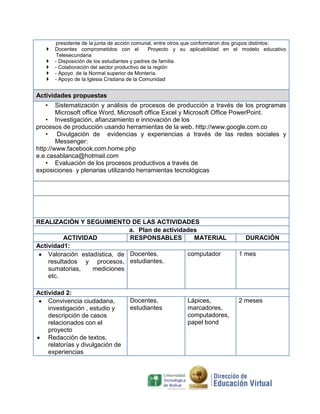 presidente de la junta de acción comunal, entre otros que conformaron dos grupos distintos:
      Docentes comprometidos con el            Proyecto y su aplicabilidad en el modelo educativo
       Telesecundaria
      - Disposición de los estudiantes y padres de familia
      - Colaboración del sector productivo de la región
      - Apoyo de la Normal superior de Montería.
      - Apoyo de la Iglesia Cristiana de la Comunidad


Actividades propuestas
   •    Sistematización y análisis de procesos de producción a través de los programas
        Microsoft office Word, Microsoft office Excel y Microsoft Office PowerPoint.
    • Investigación, afianzamiento e innovación de los
procesos de producción usando herramientas de la web. http://www.google.com.co
    • Divulgación de evidencias y experiencias a través de las redes sociales y
        Messenger:
http://www.facebook.com.home.php
e.e.casablanca@hotmail.com
    • Evaluación de los procesos productivos a través de
exposiciones y plenarias utilizando herramientas tecnológicas




REALIZACIÓN Y SEGUIMIENTO DE LAS ACTIVIDADES
                               a. Plan de actividades
          ACTIVIDAD            RESPONSABLES         MATERIAL                      DURACIÓN
Actividad1:
    Valoración estadística, de Docentes,          computador                   1 mes
    resultados y procesos,     estudiantes.
    sumatorias,    mediciones
    etc.

Actividad 2:
    Convivencia ciudadana,          Docentes,              Lápices,            2 meses
    investigación , estudio y       estudiantes            marcadores,
    descripción de casos                                   computadores,
    relacionados con el                                    papel bond
    proyecto
    Redacción de textos,
    relatorías y divulgación de
    experiencias
 