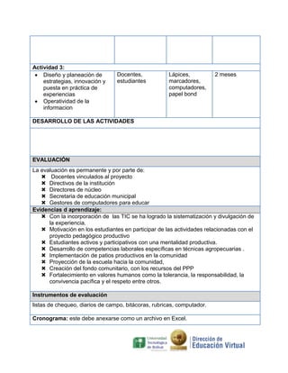 Actividad 3:
    Diseño y planeación de       Docentes,            Lápices,          2 meses
    estrategias, innovación y    estudiantes          marcadores,
    puesta en práctica de                             computadores,
    experiencias                                      papel bond
    Operatividad de la
    informacion

DESARROLLO DE LAS ACTIVIDADES




EVALUACIÓN
La evaluación es permanente y por parte de:
    Docentes vinculados al proyecto
    Directivos de la institución
    Directores de núcleo
    Secretaria de educación municipal
    Gestores de computadores para educar
Evidencias d aprendizaje:
    Con la incorporación de las TIC se ha logrado la sistematización y divulgación de
      la experiencia.
    Motivación en los estudiantes en participar de las actividades relacionadas con el
      proyecto pedagógico productivo
    Estudiantes activos y participativos con una mentalidad productiva.
    Desarrollo de competencias laborales específicas en técnicas agropecuarias .
    Implementación de patios productivos en la comunidad
    Proyección de la escuela hacia la comunidad,
    Creación del fondo comunitario, con los recursos del PPP
    Fortalecimiento en valores humanos como la tolerancia, la responsabilidad, la
      convivencia pacífica y el respeto entre otros.

Instrumentos de evaluación
listas de chequeo, diarios de campo, bitácoras, rubricas, computador.

Cronograma: este debe anexarse como un archivo en Excel.
 