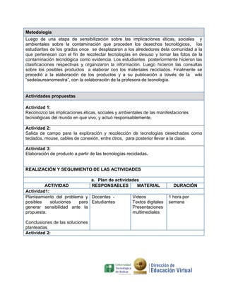 Metodología
Luego de una etapa de sensibilización sobre las implicaciones éticas, sociales y
ambientales sobre la contaminación que proceden los desechos tecnológicos, los
estudiantes de los grados once se desplazaron a los alrededores dela comunidad a la
que pertenecen con el fin de recolectar tecnologías en desuso y tomar las fotos de la
contaminación tecnológica como evidencia. Los estudiantes posteriormente hicieron las
clasificaciones respectivas y organizaron la información. Luego hicieron las consultas
sobre los posibles productos a elaborar con los materiales reciclados. Finalmente se
precedió a la elaboración de los productos y a su publicación a través de la wiki
“sedelaureanomestra”, con la colaboración de la profesora de tecnología.


Actividades propuestas

Actividad 1:
Reconozco las implicaciones éticas, sociales y ambientales de las manifestaciones
tecnológicas del mundo en que vivo, y actuó responsablemente.

Actividad 2:
Salida de campo para la exploración y recolección de tecnologías desechadas como
teclados, mouse, cables de conexión, entre otros, para posterior llevar a la clase.

Actividad 3:
Elaboración de producto a partir de las tecnologías recicladas.


REALIZACIÓN Y SEGUIMIENTO DE LAS ACTIVIDADES

                              a. Plan de actividades
         ACTIVIDAD            RESPONSABLES         MATERIAL              DURACIÓN
Actividad1:
Planteamiento del problema y Docentes -          Videos                1 hora por
posibles    soluciones   para Estudiantes        Textos digitales      semana
generar sensibilidad ante la                     Presentaciones
propuesta.                                       multimediales

Conclusiones de las soluciones
planteadas
Actividad 2:
 