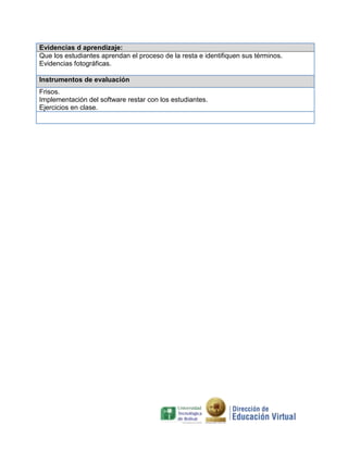 Evidencias d aprendizaje:
Que los estudiantes aprendan el proceso de la resta e identifiquen sus términos.
Evidencias fotográficas.
Instrumentos de evaluación
Frisos.
Implementación del software restar con los estudiantes.
Ejercicios en clase.

 