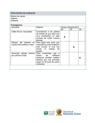 Instrumentos de evaluación
Diarios de campo
Talleres
Software
Cronograma:
Actividad

Objetivo

Concientizar a los padres
de familia de que ellos son
muy importantes en este
proceso de cuidar nuestro
planeta.
Dibujos del planeta en Para lograr esa unión que
copias entre padres e hijos necesitamos para fortalecer
este vínculo, el cual nos
brinde un trabajo de
equipo.
Scannear dibujos hechos Para enseñarles que a
por padres e hijos.
través
de
software
podemos también realizar
diseños que nos permitan
seguir en la lucha de cuidar
el planeta.

Fecha- Octubre-2013
28
29
30

Taller de con los padres

x
x

x

 