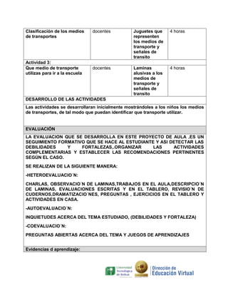 Clasificación de los medios
de transportes
docentes Juguetes que
representen
los medios de
transporte y
señales de
transito
4 horas
Actividad 3:
Que medio de transporte
utilizas para ir a la escuela
docentes Laminas
alusivas a los
medios de
transporte y
señales de
transito
4 horas
DESARROLLO DE LAS ACTIVIDADES
Las actividades se desarrollaran inicialmente mostrándoles a los niños los medios
de transportes, de tal modo que puedan identificar que transporte utilizar.
EVALUACIÓN
LA EVALUACION QUE SE DESARROLLA EN ESTE PROYECTO DE AULA ,ES UN
SEGUIMIENTO FORMATIVO QUE SE HACE AL ESTUDIANTE Y ASI DETECTAR LAS
DEBILIDADES Y FORTALEZAS,.ORGANIZAR LAS ACTIVIDADES
COMPLEMENTARIAS Y ESTABLECER LAS RECOMENDACIONES PERTINENTES
SEGÚN EL CASO.
SE REALIZAN DE LA SIGUIENTE MANERA:
-HETEROEVALUACIO´N:
CHARLAS, OBSERVACIO´N DE LAMINAS,TRABAJOS EN EL AULA,DESCRIPCIO´N
DE LAMINAS, EVALUACIONES ESCRITAS Y EN EL TABLERO, REVISIO´N DE
CUDERNOS,DRAMATIZACIO´NES, PREGUNTAS , EJERCICIOS EN EL TABLERO Y
ACTIVIDADES EN CASA.
-AUTOEVALUACIO´N:
INQUIETUDES ACERCA DEL TEMA ESTUDIADO, (DEBILIDADES Y FORTALEZA)
-COEVALUACIO´N:
PREGUNTAS ABIERTAS ACERCA DEL TEMA Y JUEGOS DE APRENDIZAJES
Evidencias d aprendizaje:
 