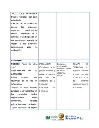 EVALUACION: Se califico el
trabajo realizado por cada
estudiante.
CRITERIOS: Se tuvieron en
cuenta

los

aspectos:
activa,

siguientes
participación

desarrollo de la

actividad y participación de
los estudiantes, manejo del
mouse

y

las

aplicaciones

diferentes
para

su

realización.

Actividad 6:
NOMBRE: “sopa de letras POBLACIÓN:

TIEMPO

DE

Jclic”

DURACIÓN:

La

DESARROLLO

DE

ACTIVIDAD
Primer

momento:

Humanos,
computador,
Estudiantes de los
haciendo sopas
LA grados séptimo y de letras
utilizando
octavo y docente
JCLIC,
Nos del
área
de

actividad se llevo
a cabo en dos
horas con el fin

reunimos en la sala de castellano de la

de

informática

satisfactoriamente

institución

Segundo momento: sacaron Educativa
palabras sobresalientes de Francisco.
los

capítulos

seguidamente
autoestima,

leídos,
como
respeto,

valoración amor propio etc.
Tercer momento: se explico

San

culminar

el objetivo.

 