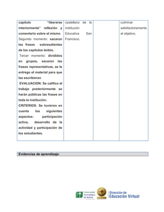 “liberarse castellano de la

capítulo

interiormente” reflexión y institución
comentario sobre el mismo

Educativa

Segundo momento: sacaron Francisco.
las frases

sobresalientes

de los capítulos leídos.
Tercer momento: divididos
en

grupos,

sacaron

las

frases representativas, se le
entrego el material para que
las escribieran
EVALUACION: Se califico el
trabajo posteriormente se
harán públicas las frases en
toda la institución.
CRITERIOS: Se tuvieron en
cuenta
aspectos:
activa,

los

siguientes
participación

desarrollo de la

actividad y participación de
los estudiantes.

Evidencias de aprendizaje:

culminar
satisfactoriamente

San

el objetivo.

 