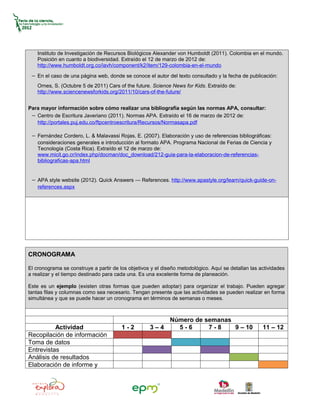 Instituto de Investigación de Recursos Biológicos Alexander von Humboldt (2011). Colombia en el mundo.
    Posición en cuanto a biodiversidad. Extraído el 12 de marzo de 2012 de:
    http://www.humboldt.org.co/iavh/component/k2/item/129-colombia-en-el-mundo

 − En el caso de una página web, donde se conoce el autor del texto consultado y la fecha de publicación:
    Ornes, S. (Octubre 5 de 2011) Cars of the future. Science News for Kids. Extraído de:
    http://www.sciencenewsforkids.org/2011/10/cars-of-the-future/


Para mayor información sobre cómo realizar una bibliografía según las normas APA, consultar:
 − Centro de Escritura Javeriano (2011). Normas APA. Extraído el 16 de marzo de 2012 de:
   http://portales.puj.edu.co/ftpcentroescritura/Recursos/Normasapa.pdf

 − Fernández Cordero, L. & Malavassi Rojas, E. (2007). Elaboración y uso de referencias bibliográficas:
    consideraciones generales e introducción al formato APA. Programa Nacional de Ferias de Ciencia y
    Tecnología (Costa Rica). Extraído el 12 de marzo de:
    www.micit.go.cr/index.php/docman/doc_download/212-guia-para-la-elaboracion-de-referencias-
    bibliograficas-apa.html


 − APA style website (2012). Quick Answers — References. http://www.apastyle.org/learn/quick-guide-on-
    references.aspx




CRONOGRAMA

El cronograma se construye a partir de los objetivos y el diseño metodológico. Aquí se detallan las actividades
a realizar y el tiempo destinado para cada una. Es una excelente forma de planeación.

Este es un ejemplo (existen otras formas que pueden adoptar) para organizar el trabajo. Pueden agregar
tantas filas y columnas como sea necesario. Tengan presente que las actividades se pueden realizar en forma
simultánea y que se puede hacer un cronograma en términos de semanas o meses.



                                                        Número de semanas
          Actividad                     1-2         3–4   5-6      7-8    9 – 10                     11 – 12
Recopilación de información
Toma de datos
Entrevistas
Análisis de resultados
Elaboración de informe y
 